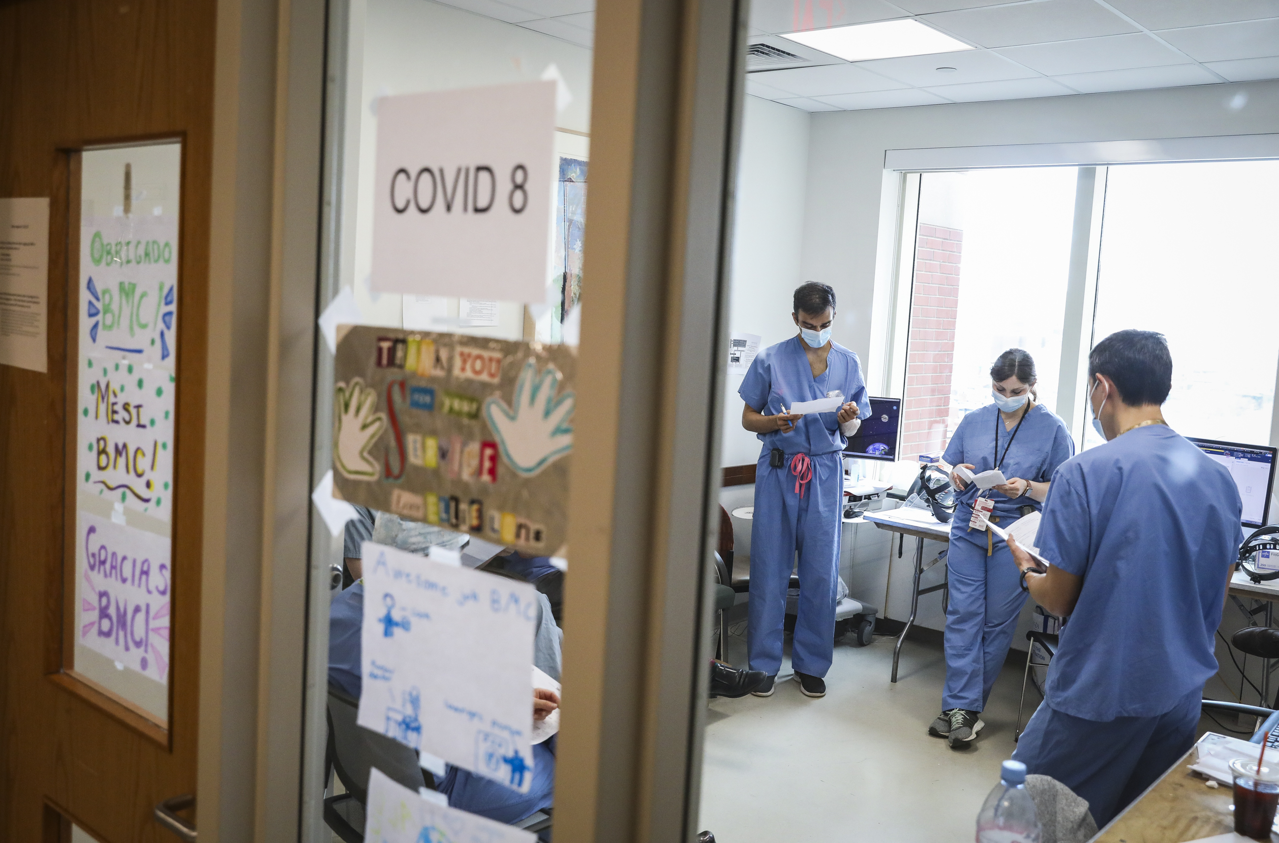 Physicians had a morning briefing before attending to COVID-19 patients at Boston Medical Center.