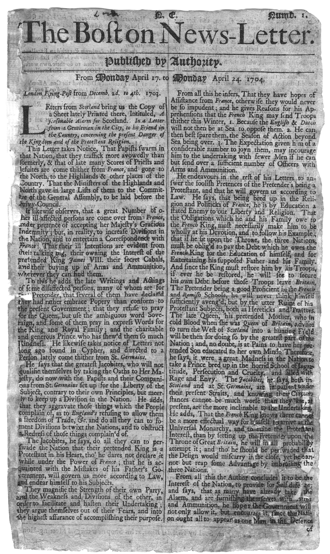 The Boston News-Letter, from April 1704.
