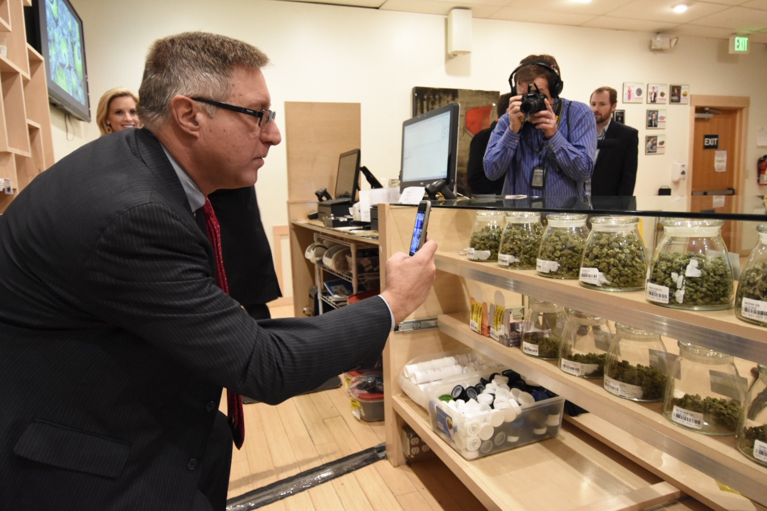 Massachusetts state Senator Michael J. Rodrigues snapped a photo at RiverRock Cannabis in Denver on Tuesday.