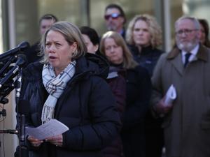 Becky Maki, aunt of Conrad Roy III, spoke to reporters outside of Taunton Trial Court on Monday.