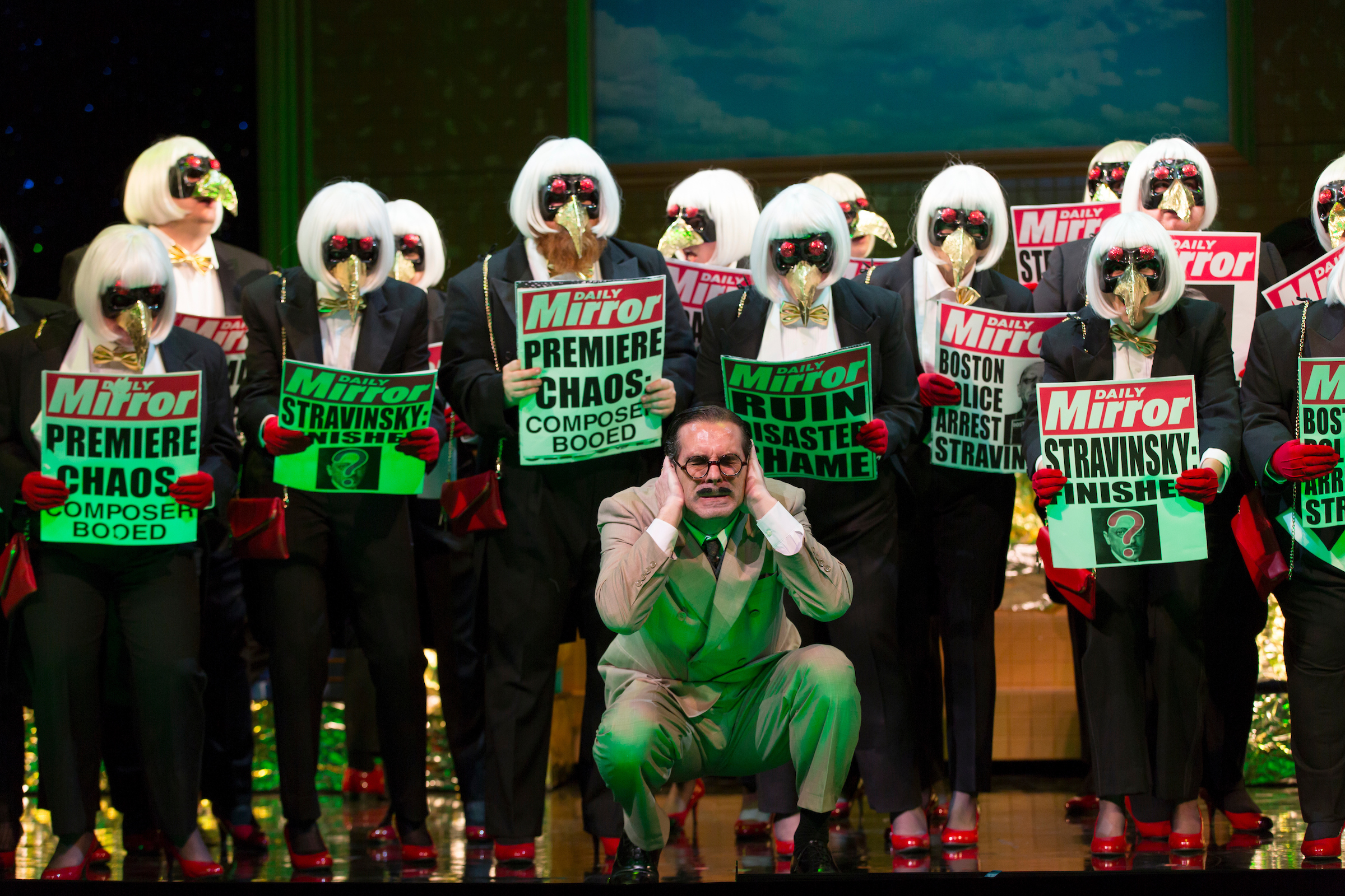 Yury Yanowsky (center) as Igor Stravinsky in the Boston Lyric Opera production of Stravinsky’s “The Rake’s Progress.”