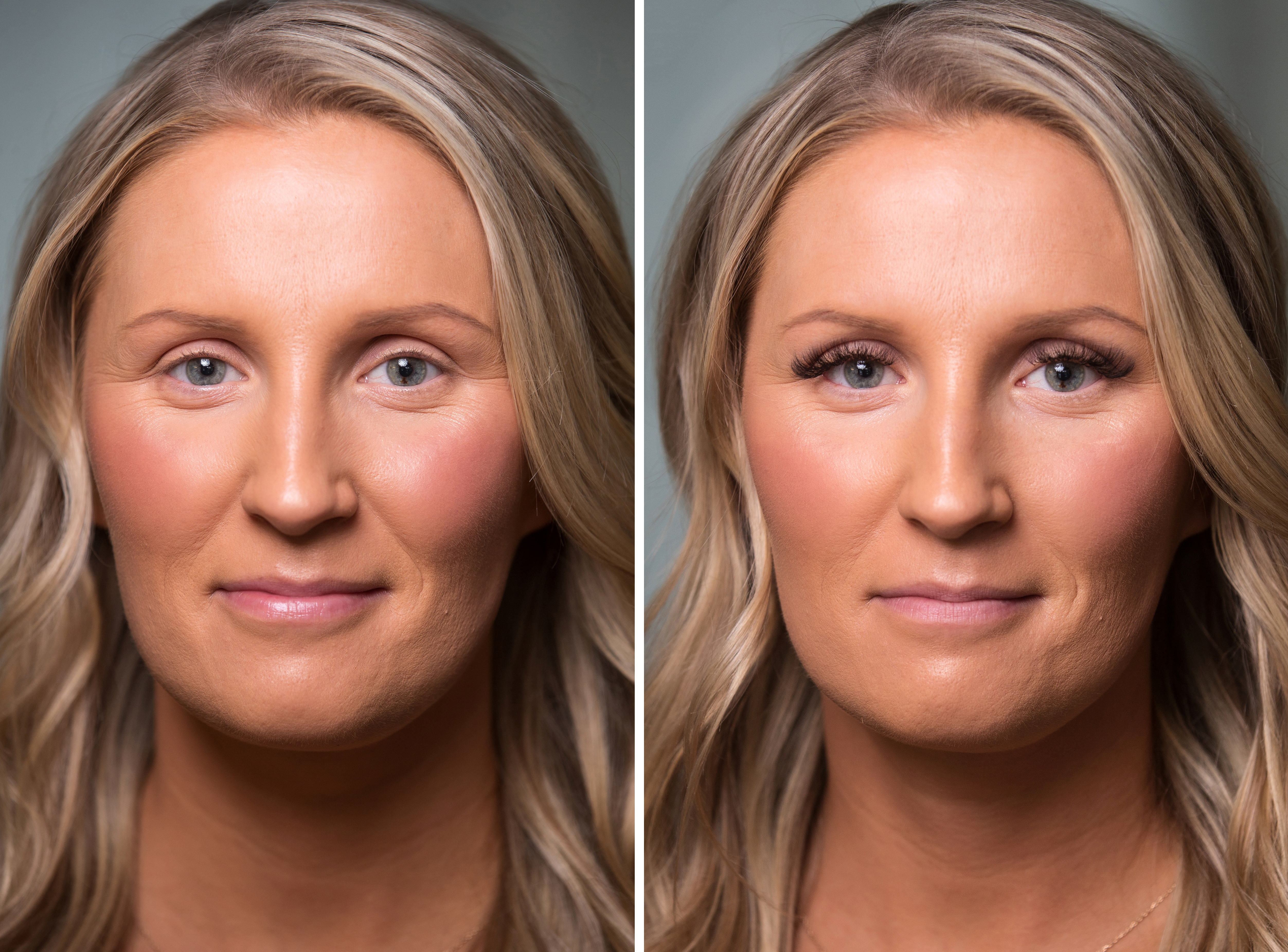 Kristine Dellaria before (left) and after (right) receiving eyelash extensions at Lash L’Amour.