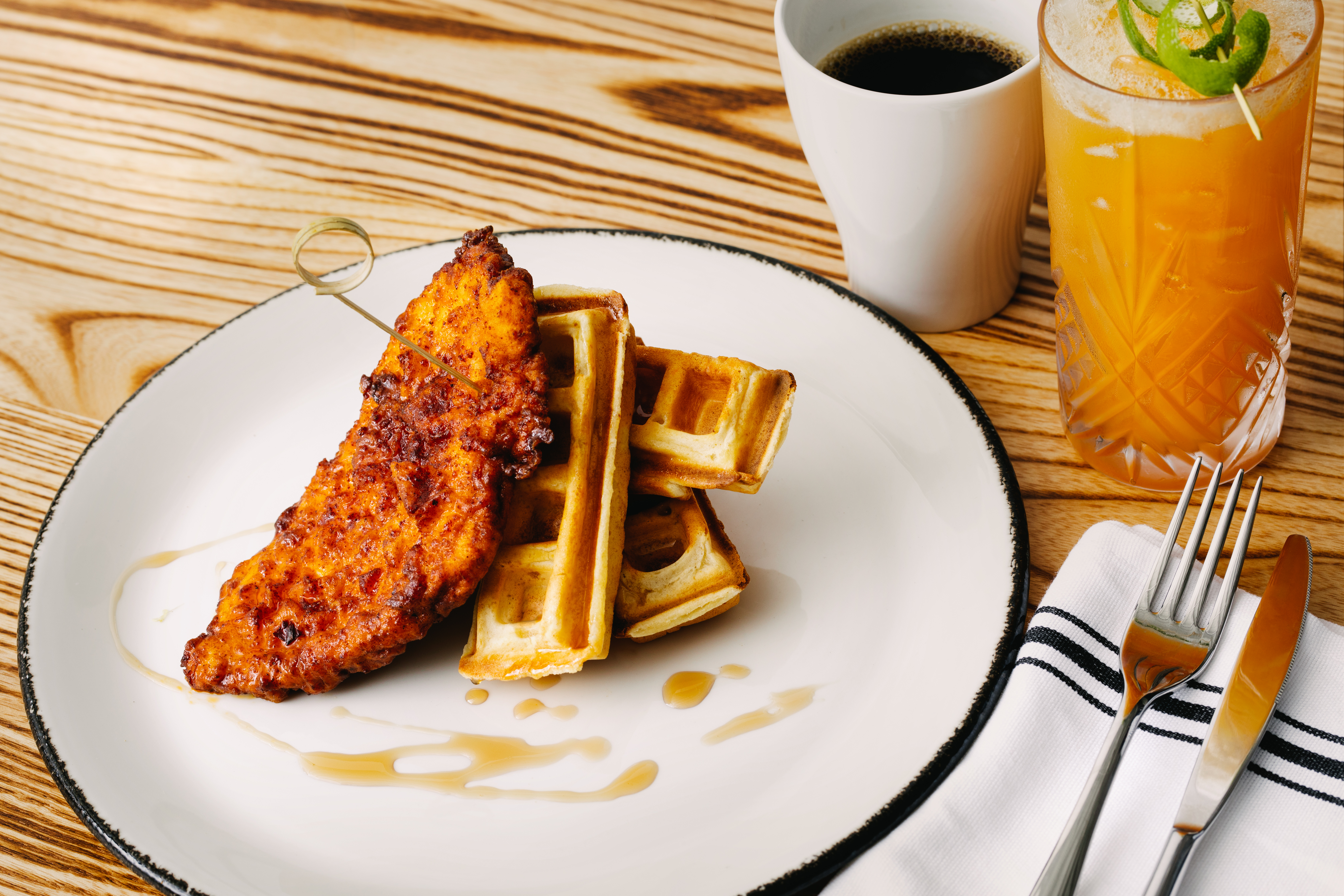 A chicken and waffles dish.