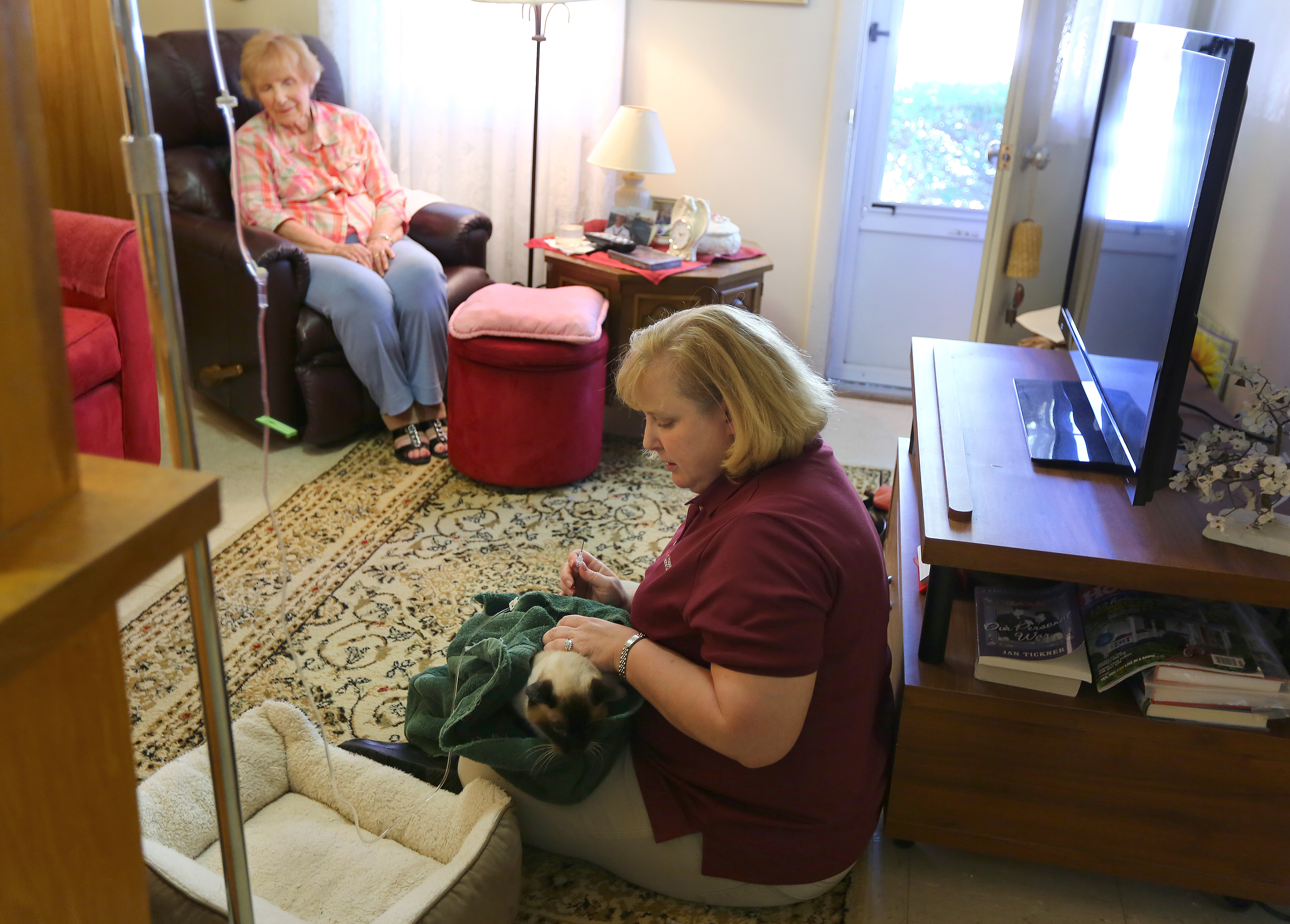 In Medway, Heather Merrill, founder of New England Pet Hospice & Home Care, injects subcutaneous fluids for Pie, whose remaining kidney is diseased.