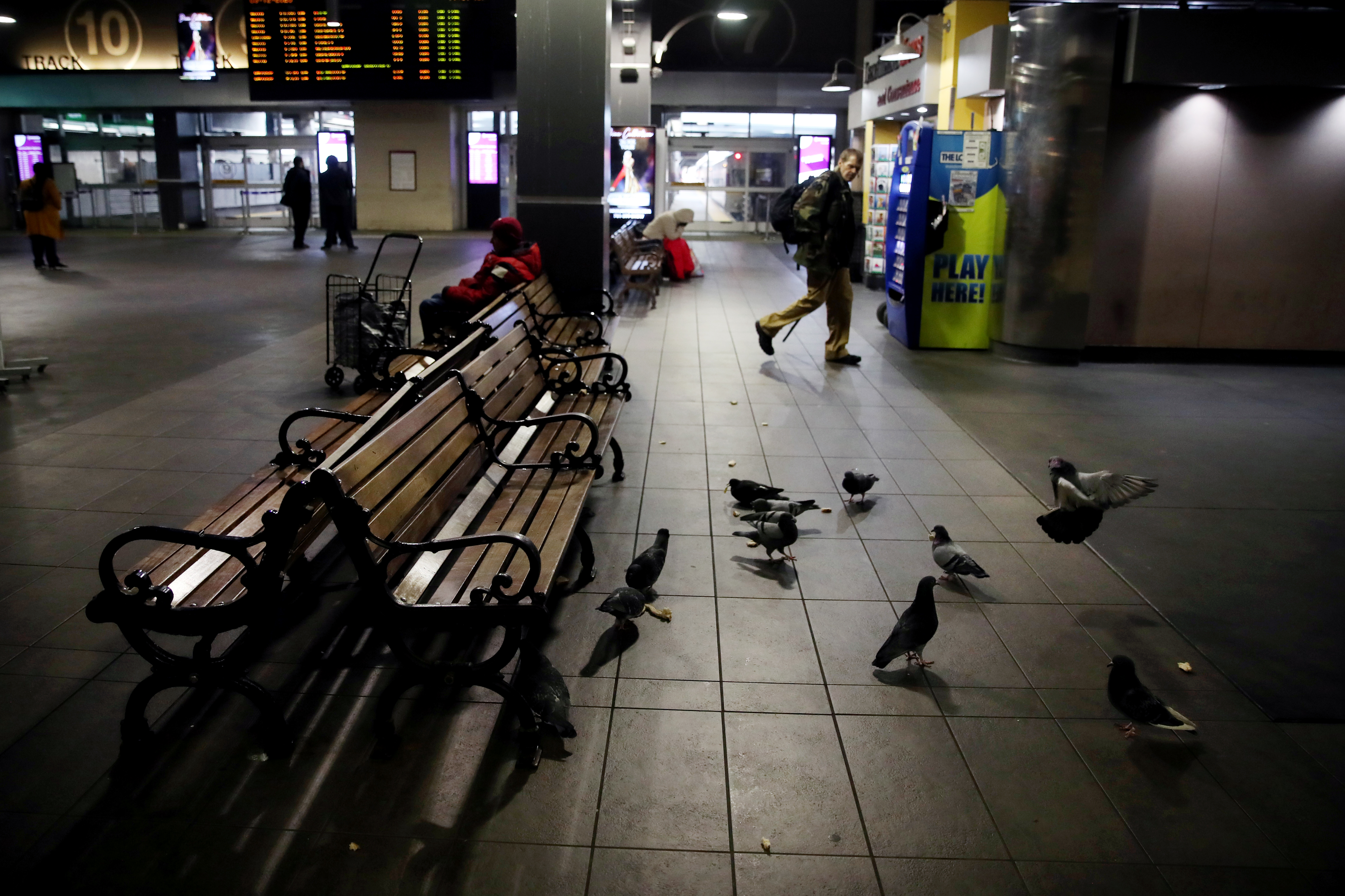 Pigeons fed on discarded bread in North Station at TD Garden in Boston.