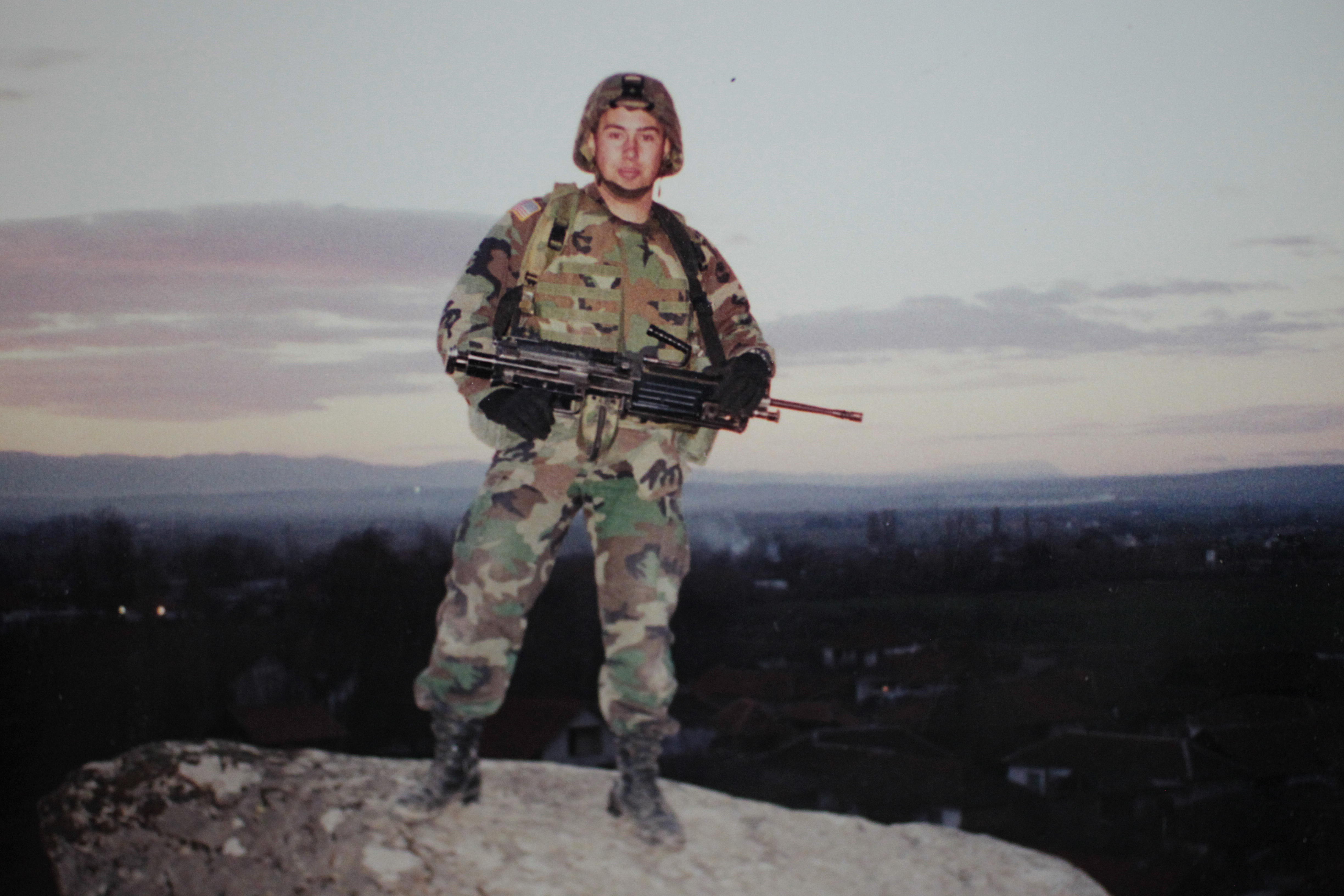 Paul Stowe served in the US Army and the Army National Guard. Above: Stowe while deployed in Kosovo in 2001.