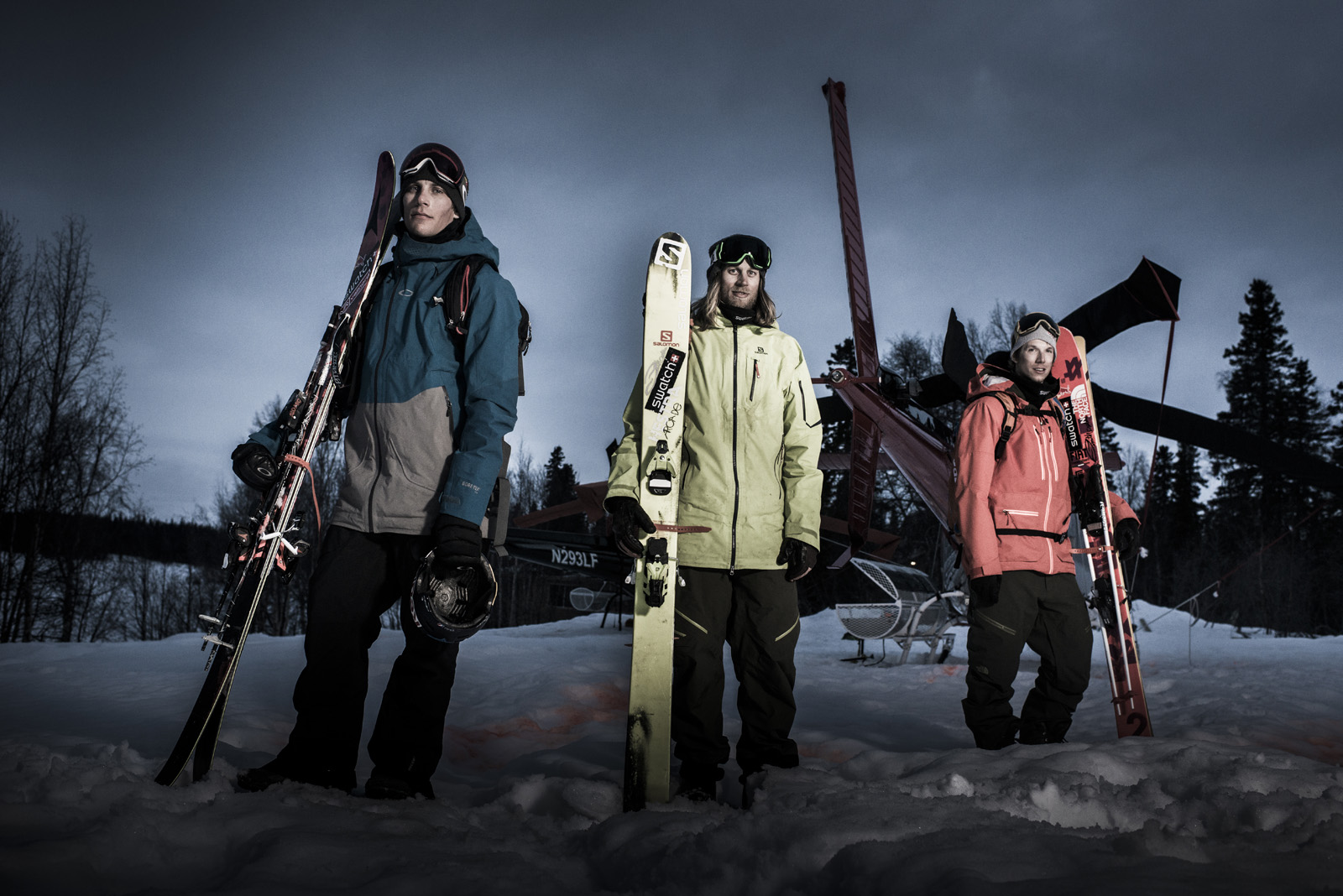 Richard Permin, Cody Townsend, and Markus Eder (from left) pose for a portrait during the filming of Days Of Our Youth in the Tordrillo mountains in Alaska in April.