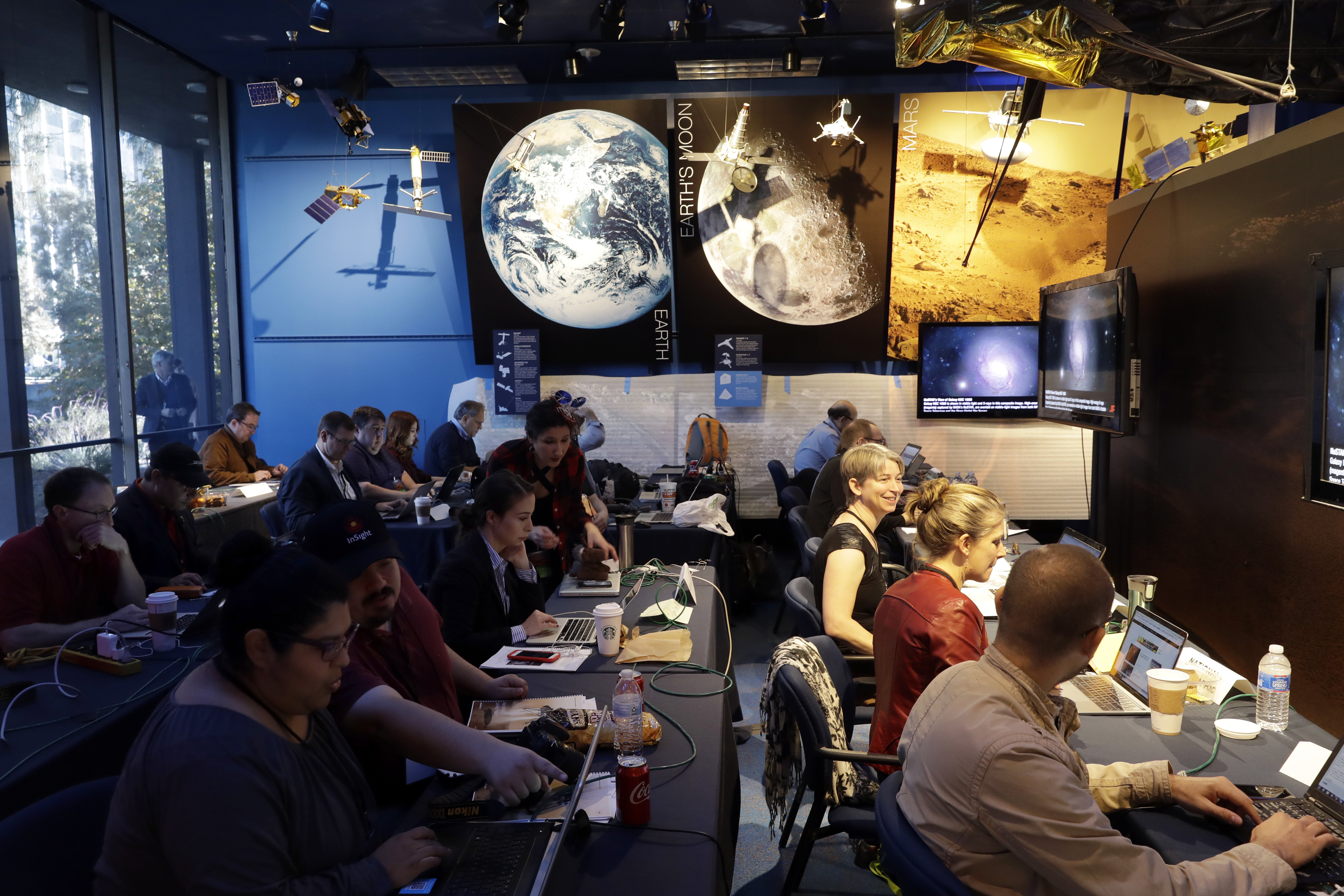 Journalists gathered at NASA's Jet Propulsion Laboratory awaiting the landing of InSight on Mars.