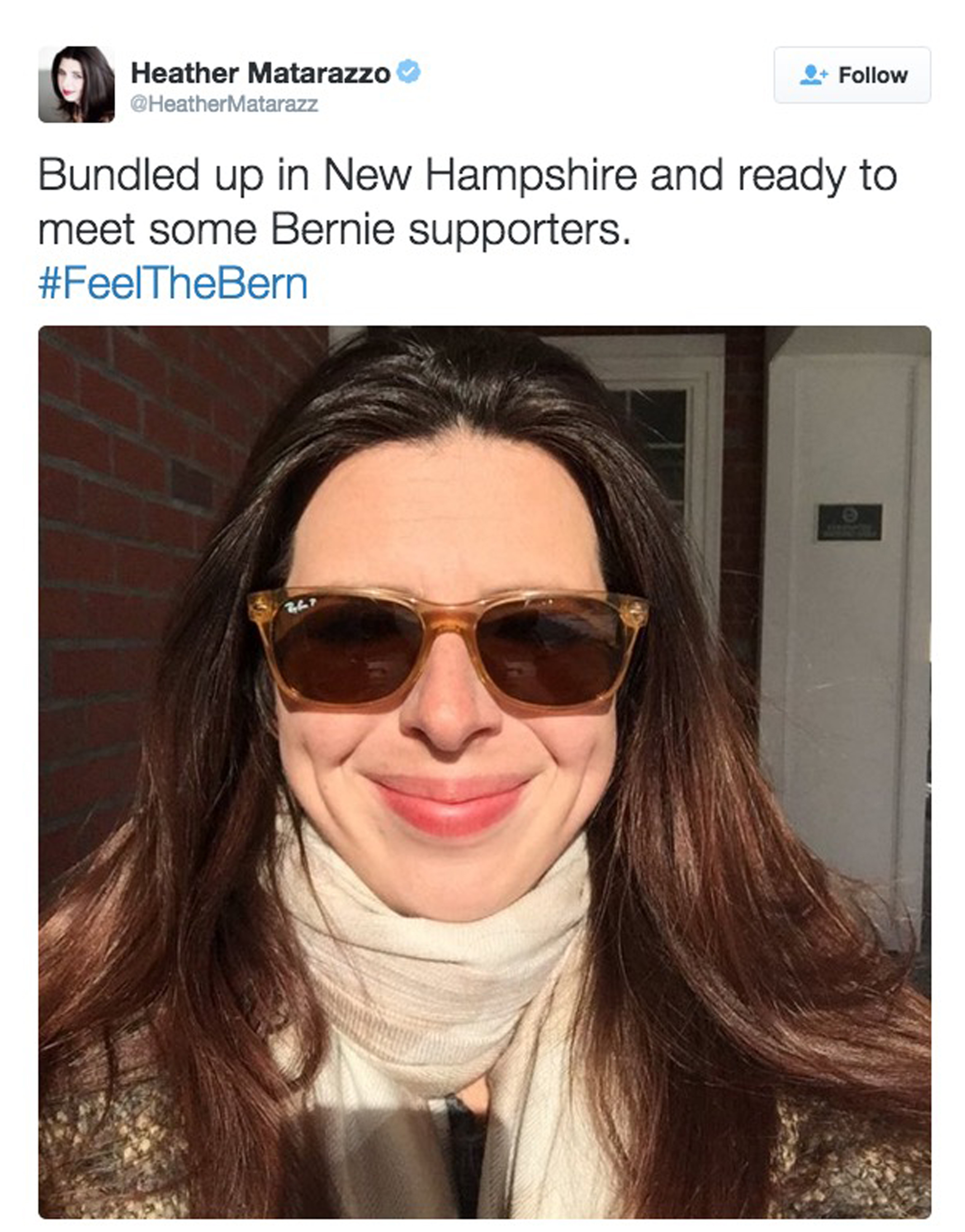 Actress Heather Matarazzo, in New Hampshire on Wednesday, tweeted her supports for Bernie Sanders.