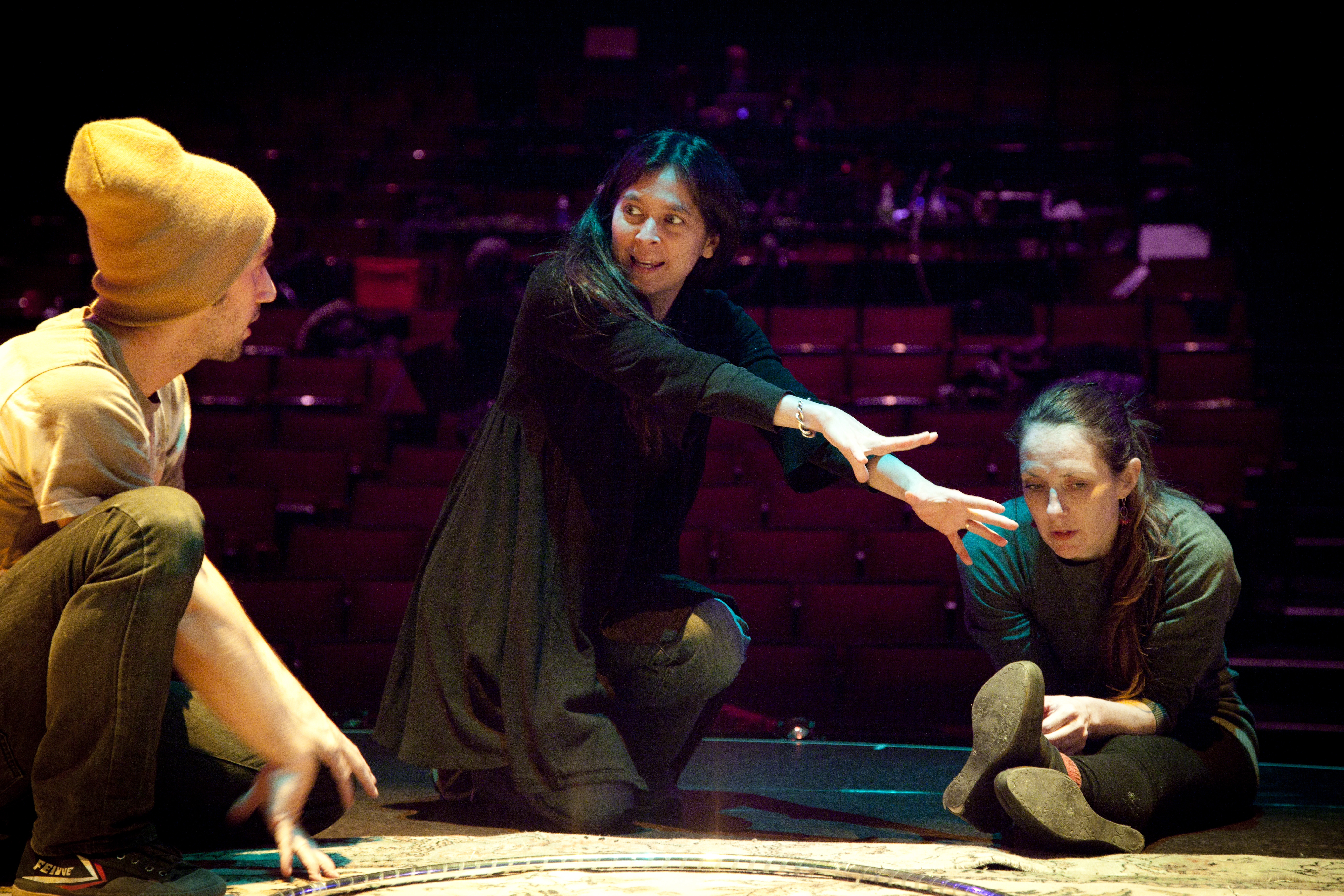 Diane Paulus (center) talks about a scene in “Pippin” with Arsenal (left) and Gypsy Snider, the production’s circus choreographer.
