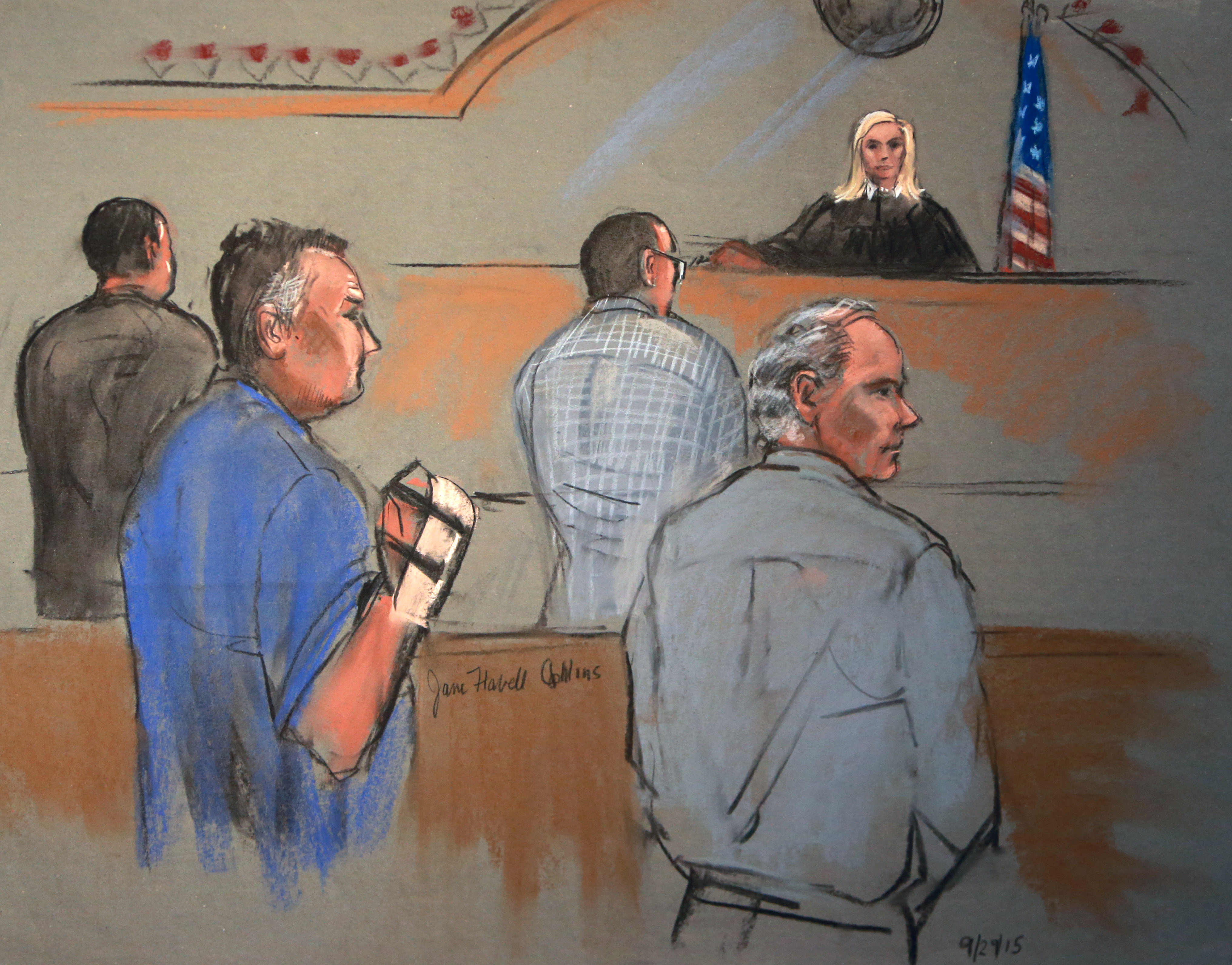 This photo of a courtroom sketch by Jane Flavell Collins shows members of Teamsters Local 25 during their arraignments last year on extortion charges.