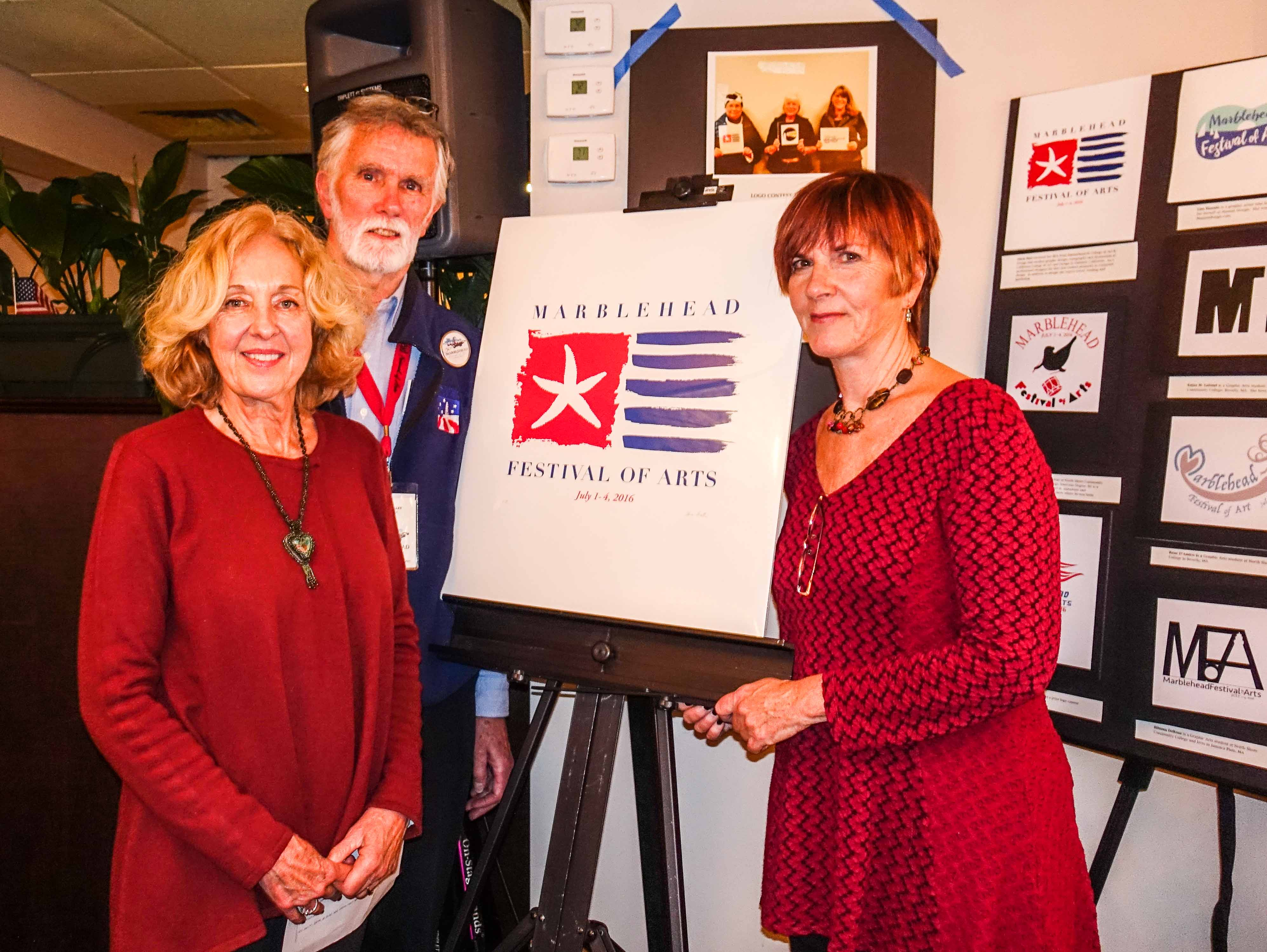Winner Alicia Hart (right) with Lucille Grant Morton, chair of the Marblehead Festival Logo Committee, and Bill Smalley, the festival’s president.