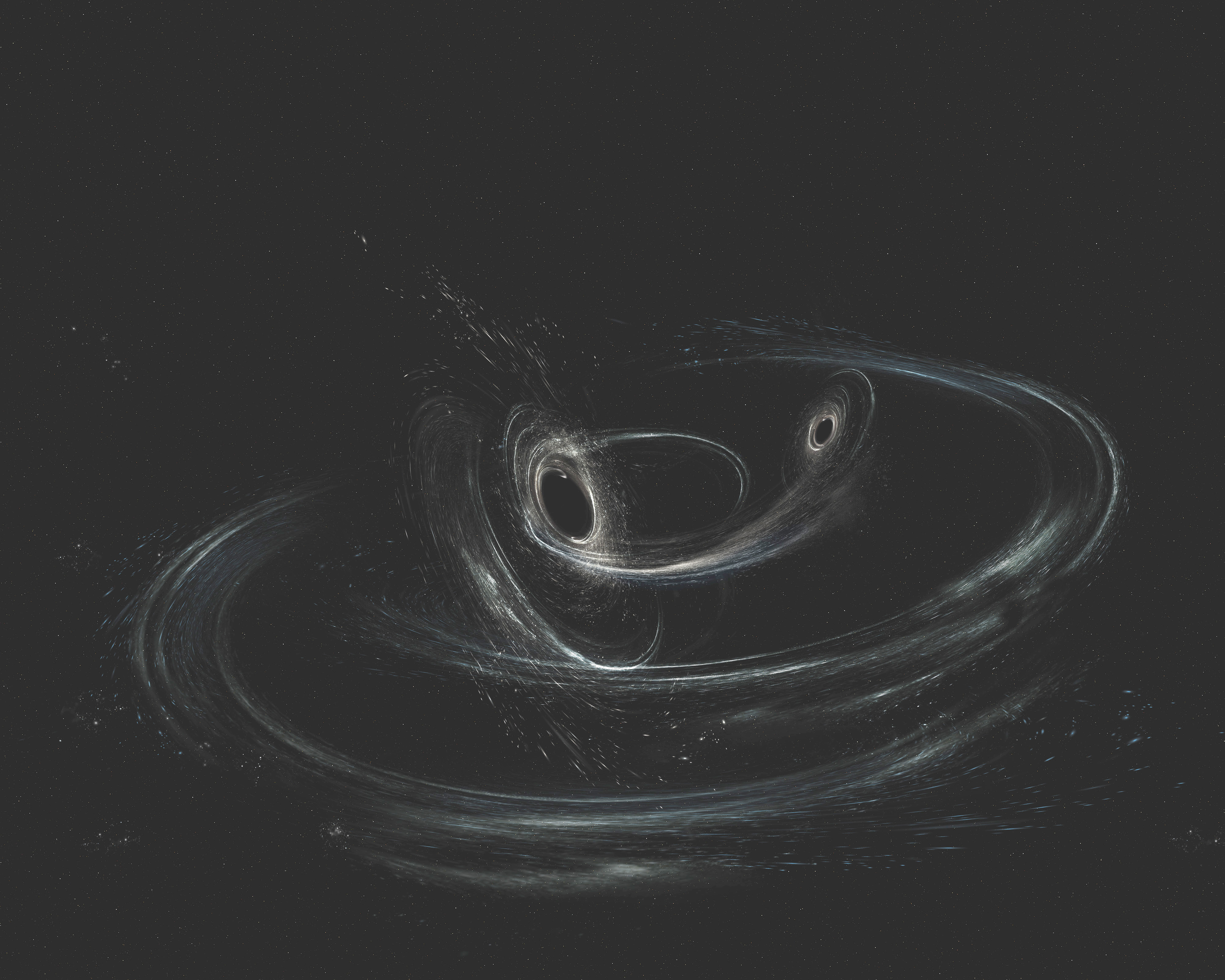 An illustration of two merging black holes.