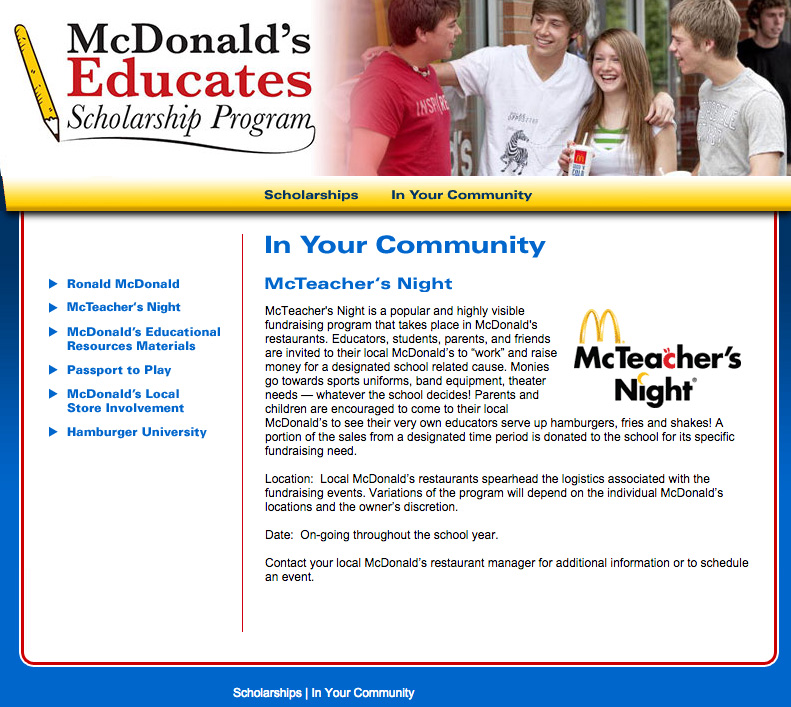 McDonald’s promotes McTeacher’s nights as popular fund-raisers for schools, but some do not like the association of teachers with fast food.