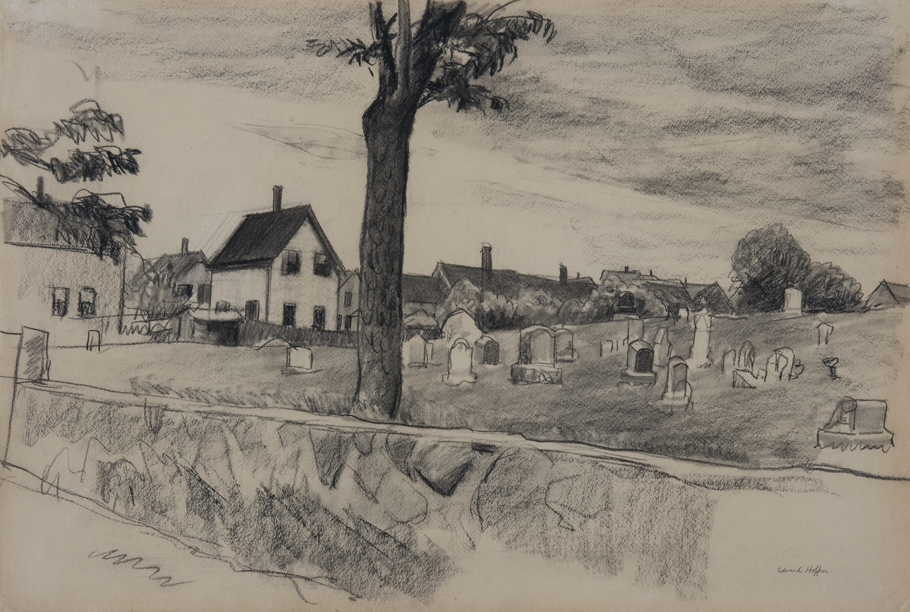 Edward Hopper’s “Cemetery in Gloucester” (above), a conte crayon drawing on paper from the Cape Ann Museum’s collection.