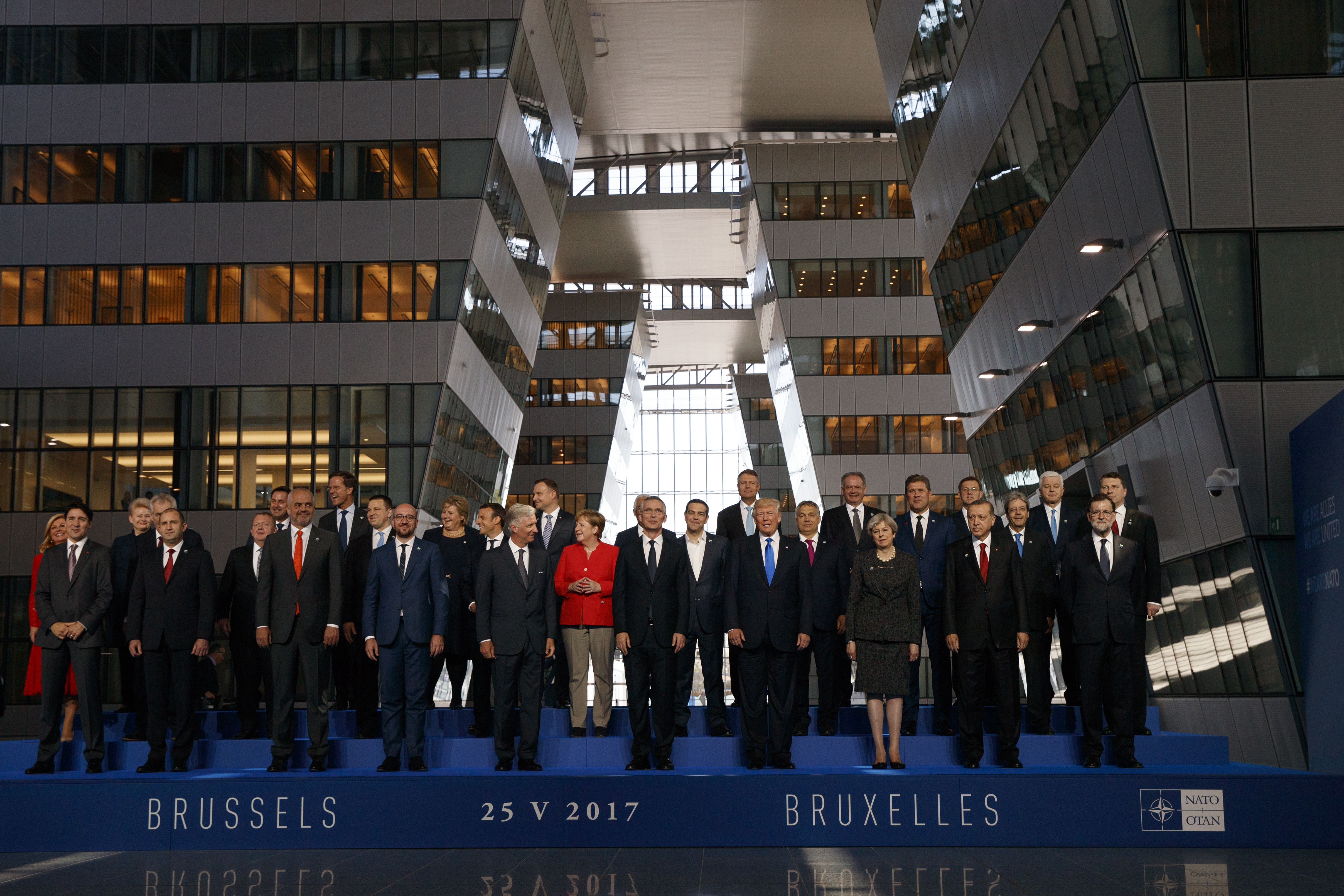 President Donald Trump posed with NATO leaders in Brussels on Thursday.