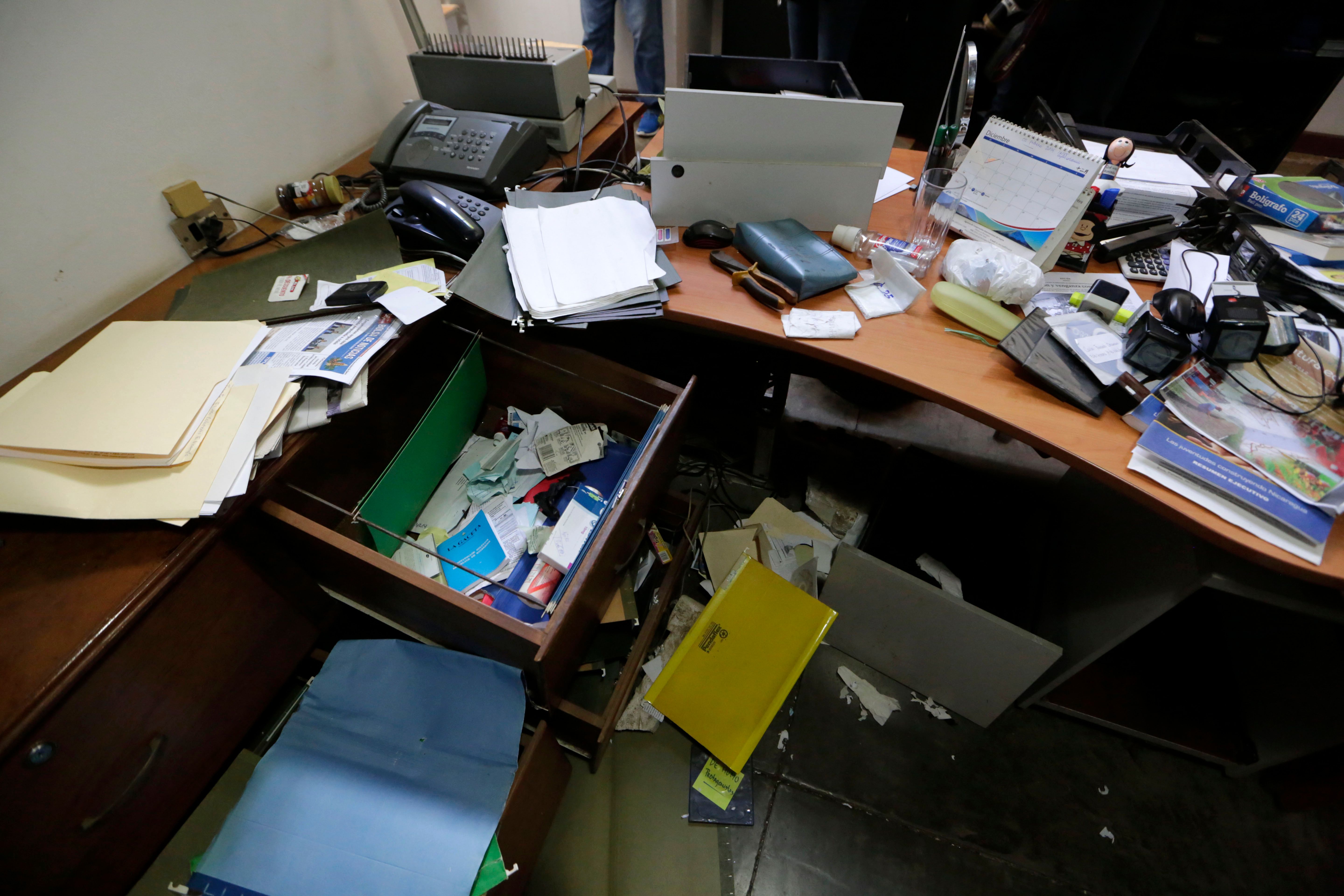Damages at the office of Nicaraguan journalist Carlos Chamorro’s office after a raid.