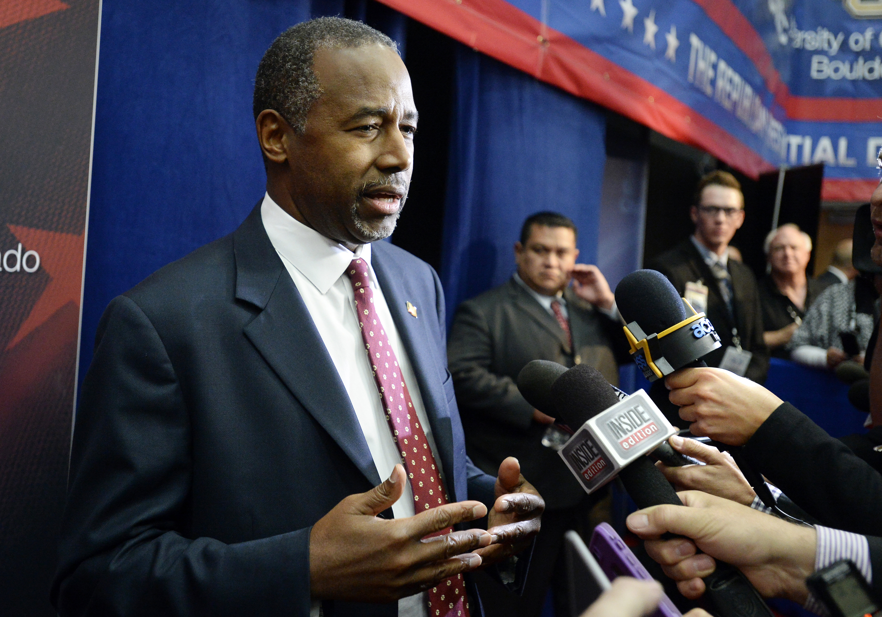 Dr. Ben Carson spoke with members of the media after the CNBC Republican presidential debate Wednesday.