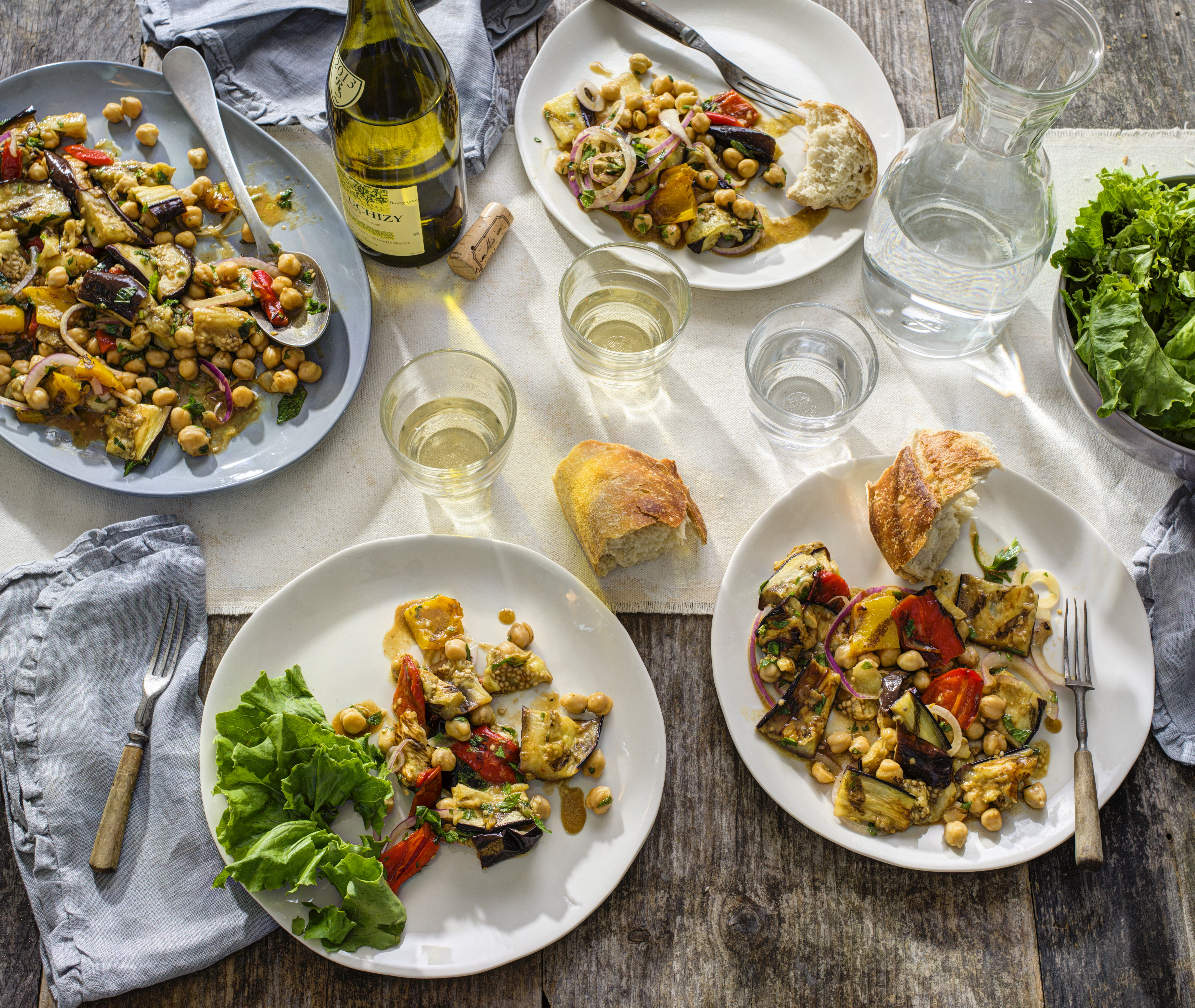 Grilled eggplant and chickpea salad with pomegranate molasses.