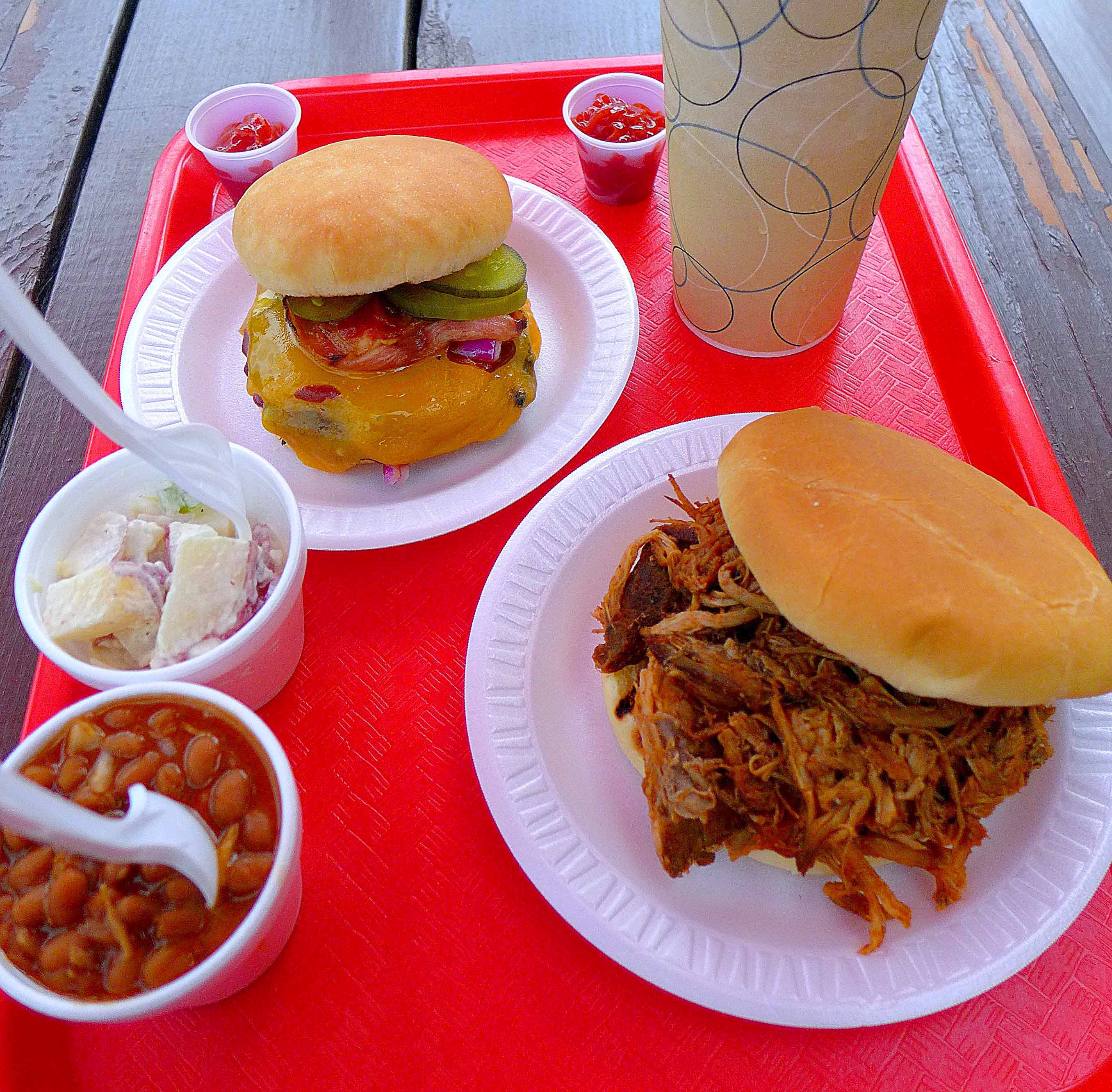 The pulled pork sandwich and the Bubba Burger.