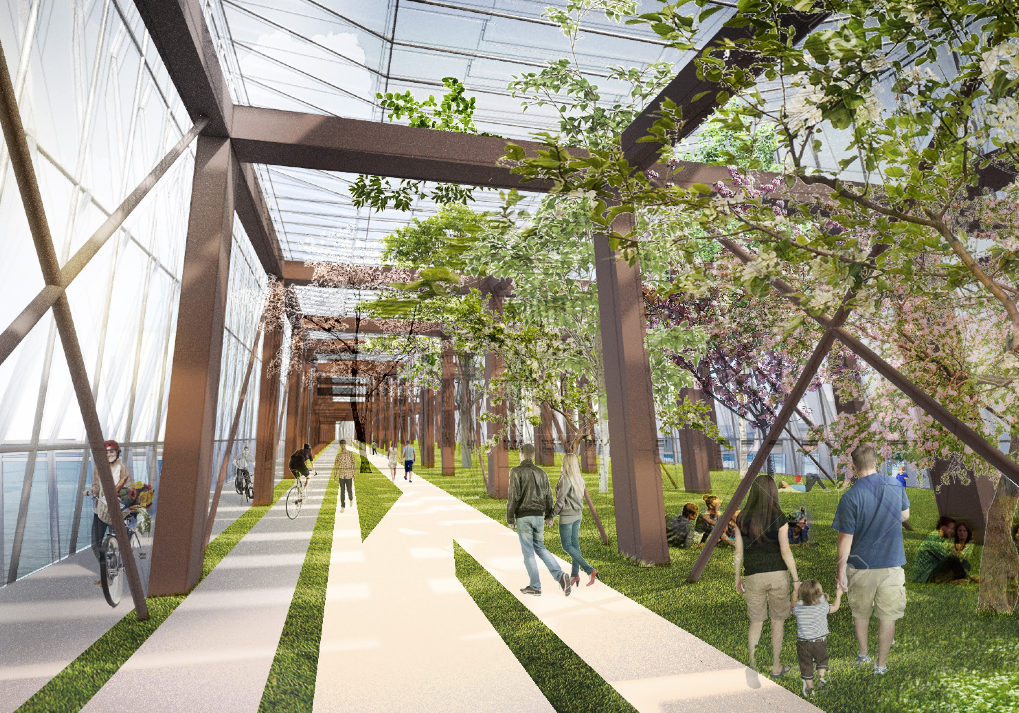One of the winners for North Ave Bridge graphic design submission: The Northern Avenue Botanical Bridge serves as an armature for pedestrian travel and a greenhouse where botanical gardens flourish year round.
