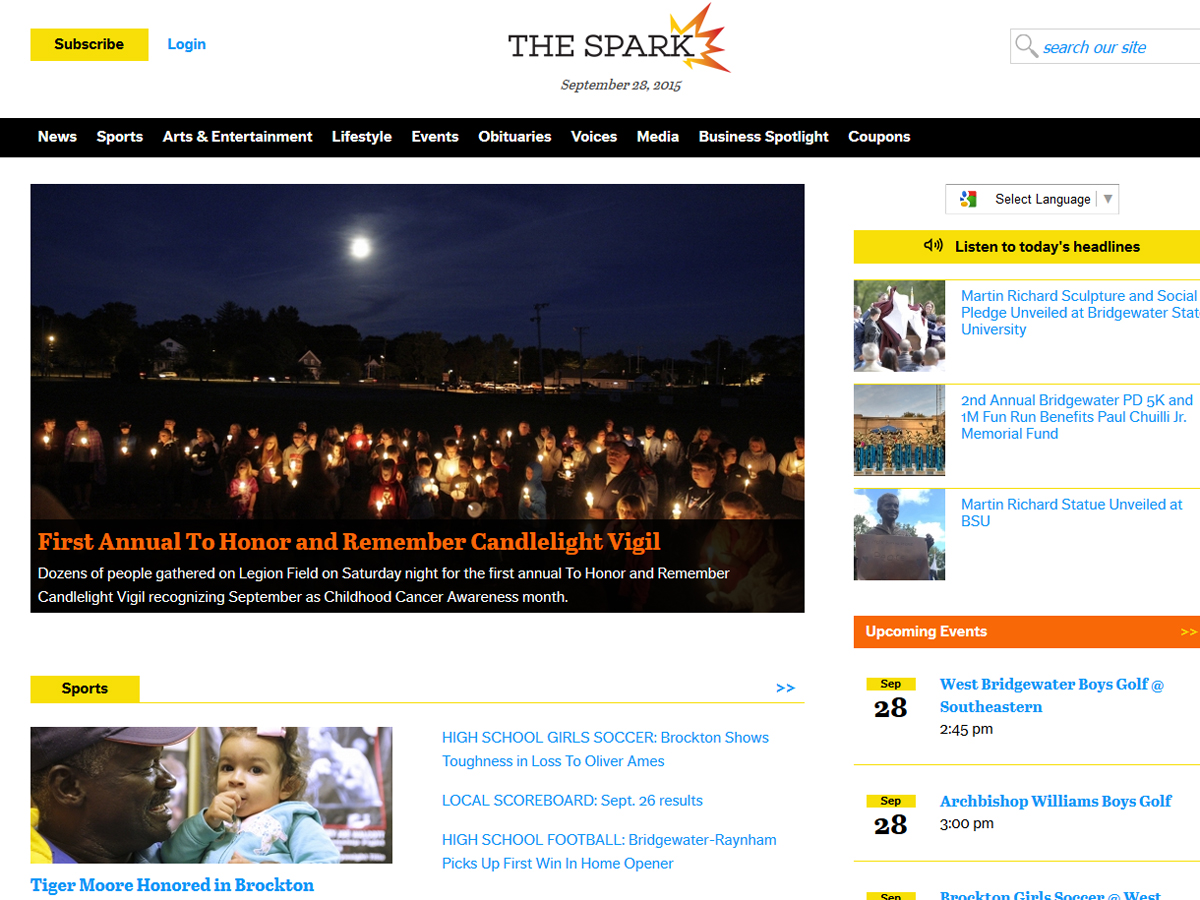 A screenshot of The Spark, a new Brockton area hyperlocal news operation.