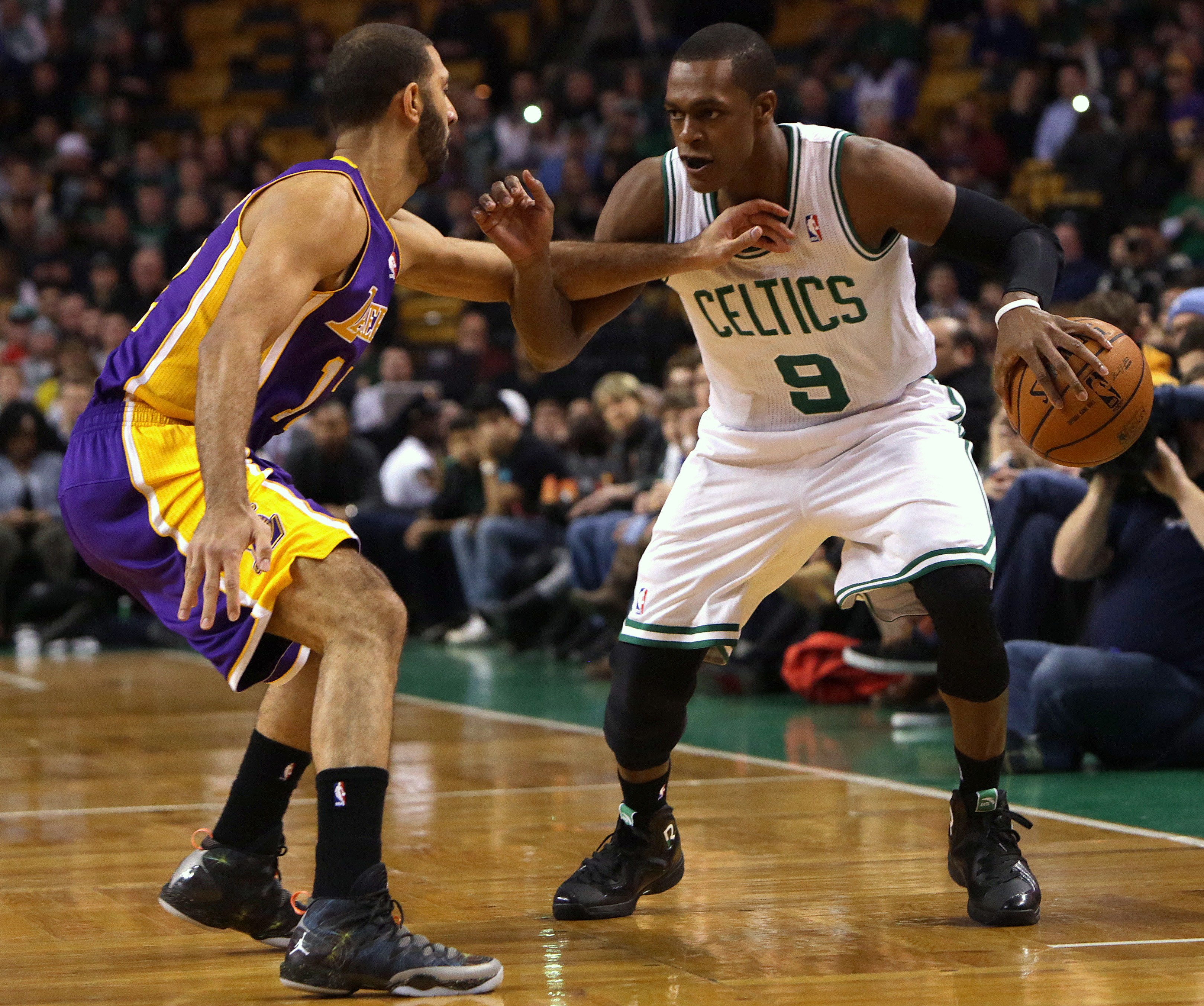 The Celtics would like Rajon Rondo (right) to stick around, and Danny Ainge said the team discussed a contract extension with the point guard/