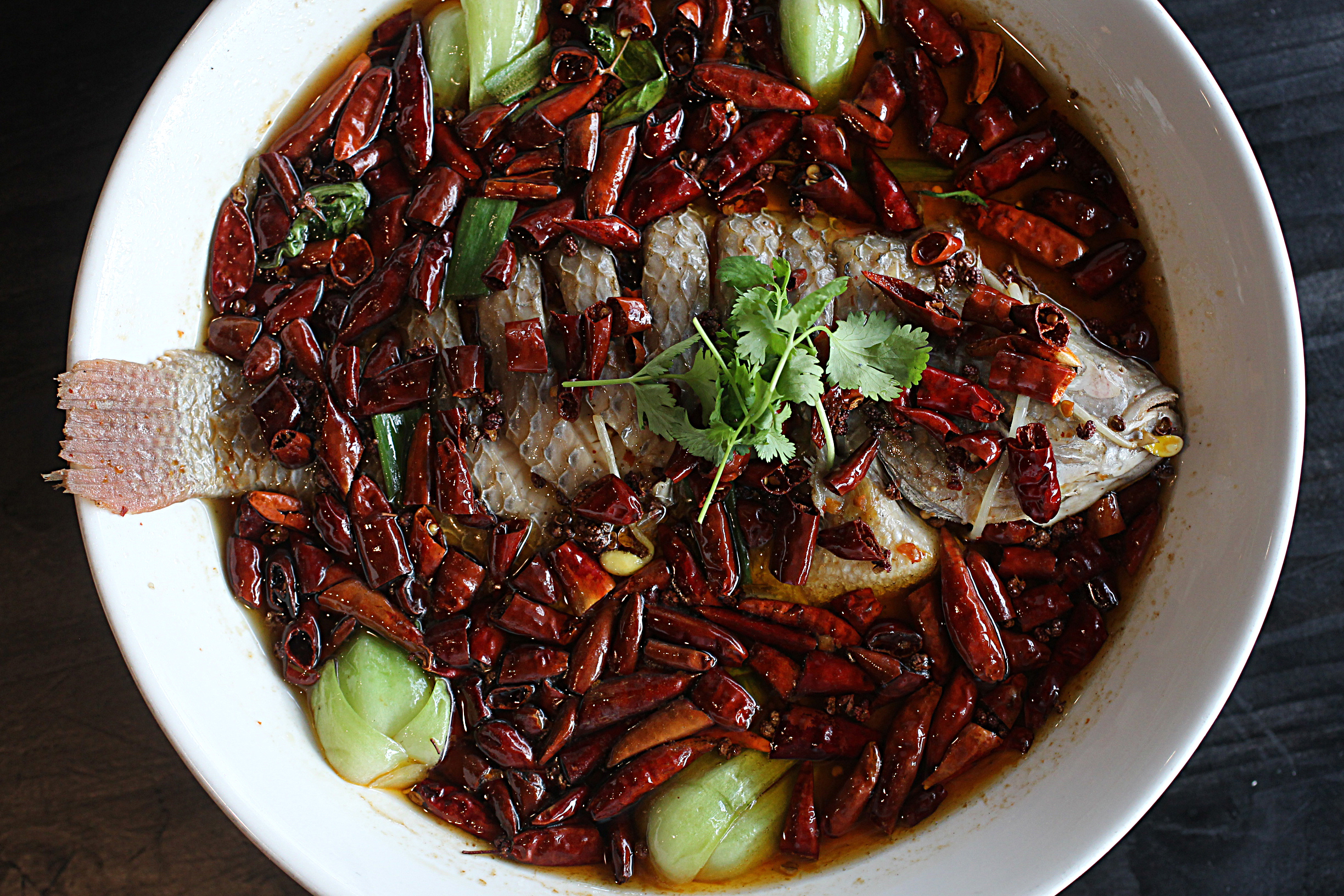 The Sichuan whole fish bowl is tilapia in a charged spicy broth.