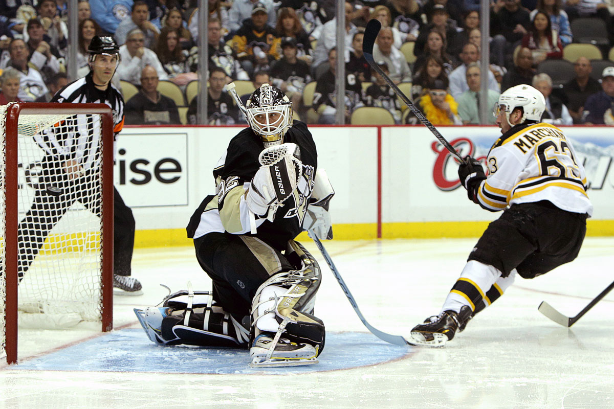 Brad Marchand got the Bruins on the board 28 seconds into the first period, beating Penguins goaltender Tomas Vokoun on the glove side. Vokoun didn’t make it through the period.