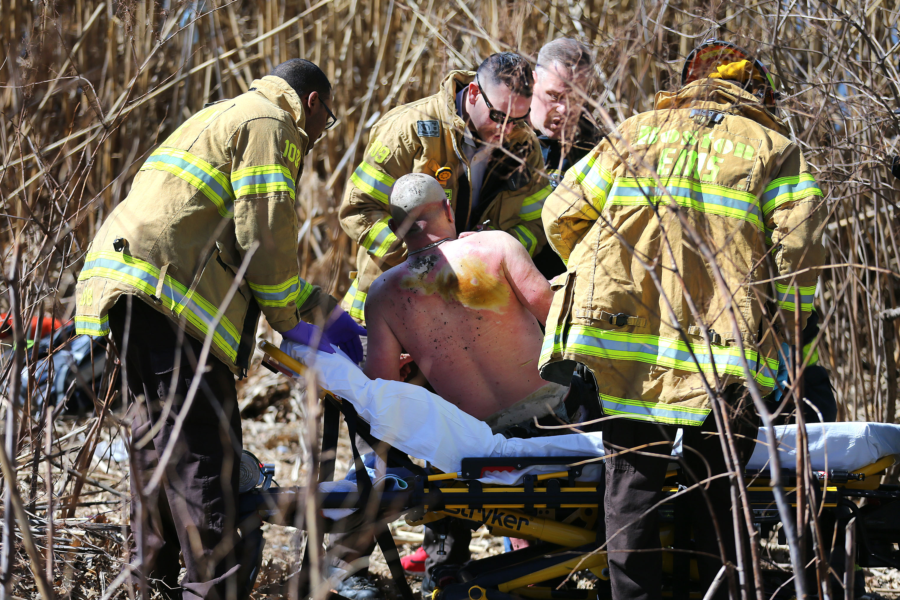 A man was pulled from the Muddy River in the Fens with severe burns near the Fenway Victory Gardens.
