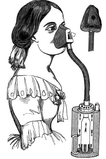 Illustration of a woman using a chloroform inhaler (1858)
