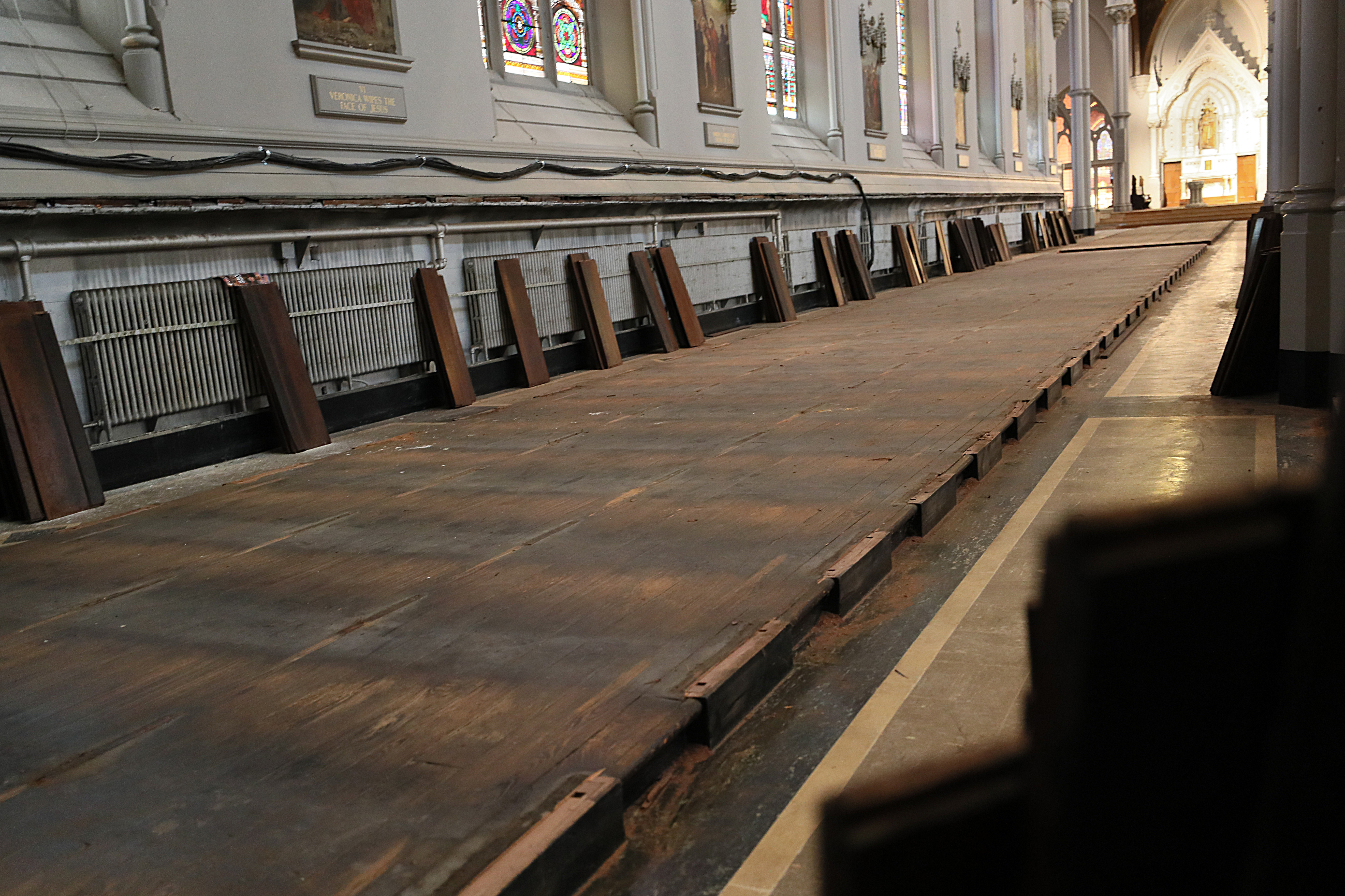 The pews have been removed; they will be refinished and re-installed.