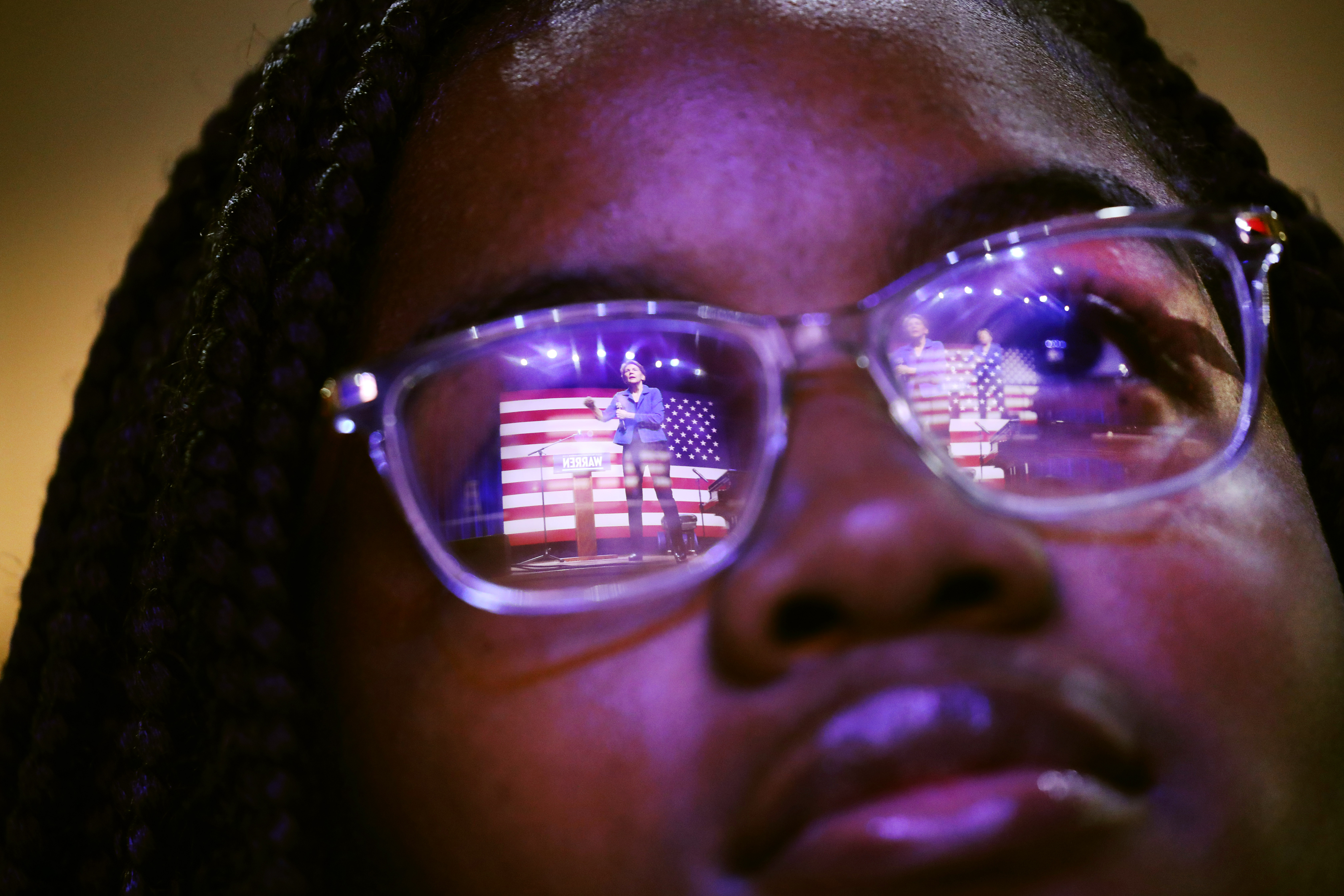 Senator Elizabeth Warren was reflected in a student's glasses as she spoke at South Carolina State University this week.