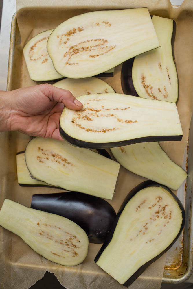 TIP: Slicing the eggplants lengthwise, into planks, creates fewer pieces to deal with on the grill.