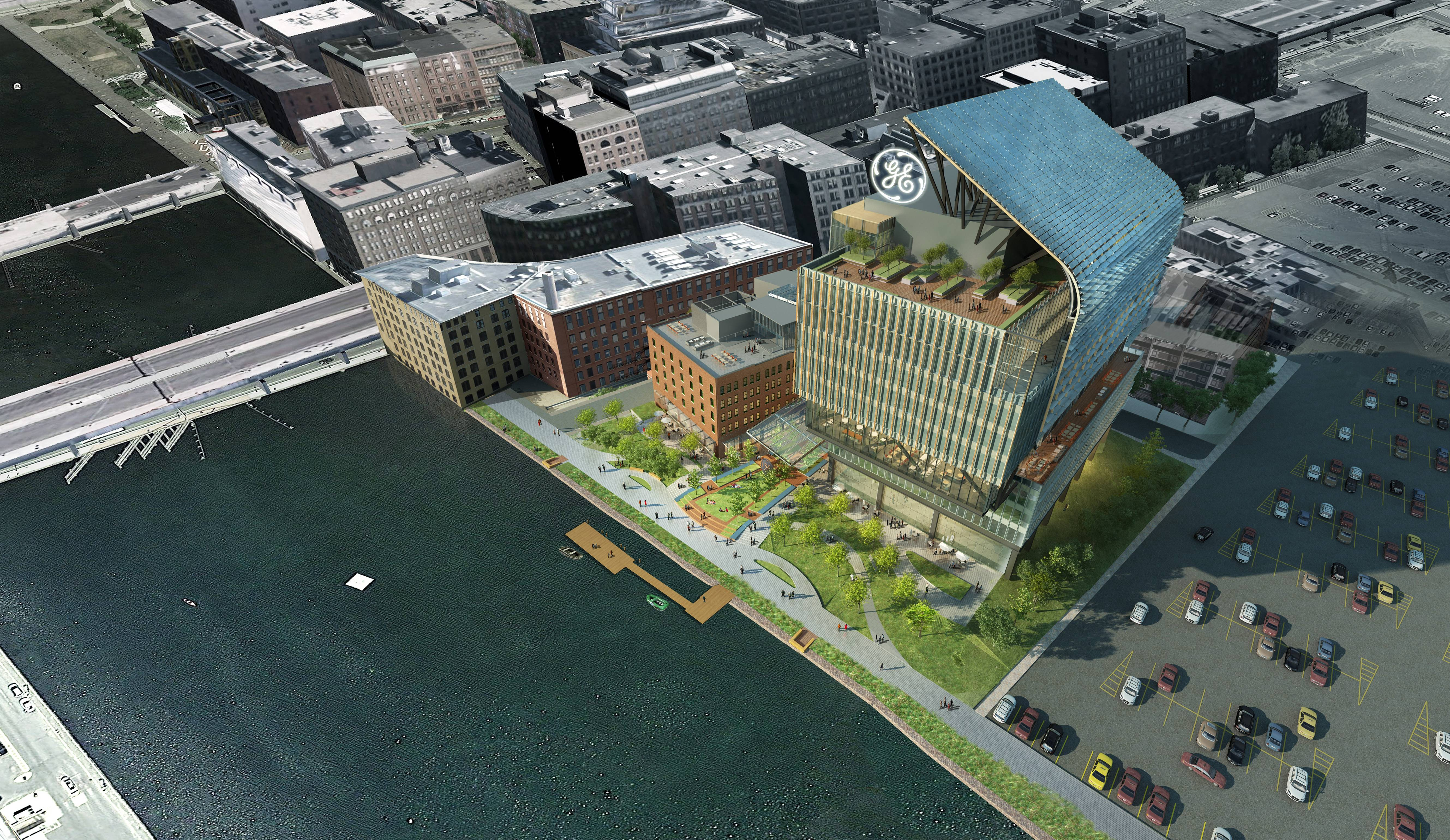 Rendering of new headquarters General Electric plans to build along Fort Point Channel.