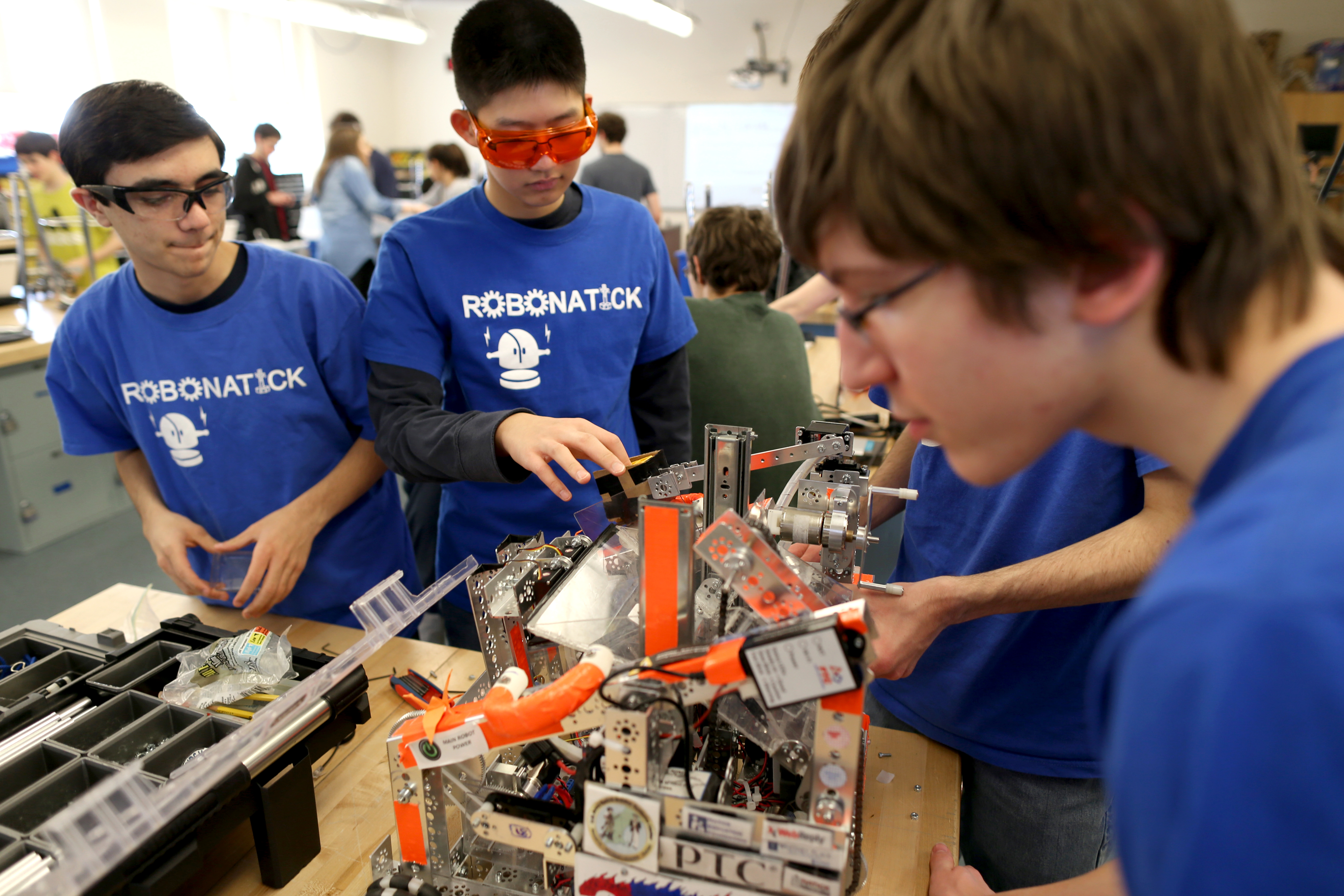 “People just love robots,” says Laurie Leshin, the president of Worcester Polytechnic Institute. Here, a Natick High School team competes in a March robotics tournament.