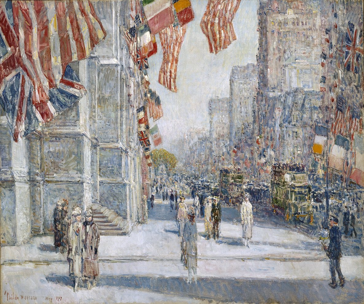 Childe Hassam’s “Early Morning on the Avenue in May 1917,” in the exhibit “People, Places, Things.”