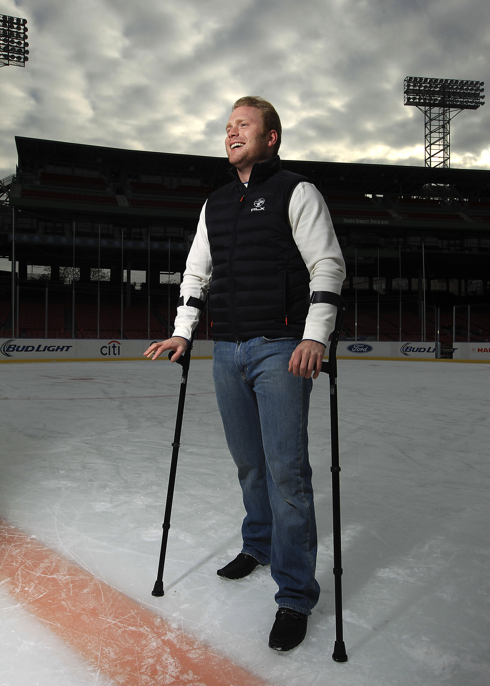 Tom Smith’s idea, the Look-Up Line, is painted on the Frozen Fenway ice.