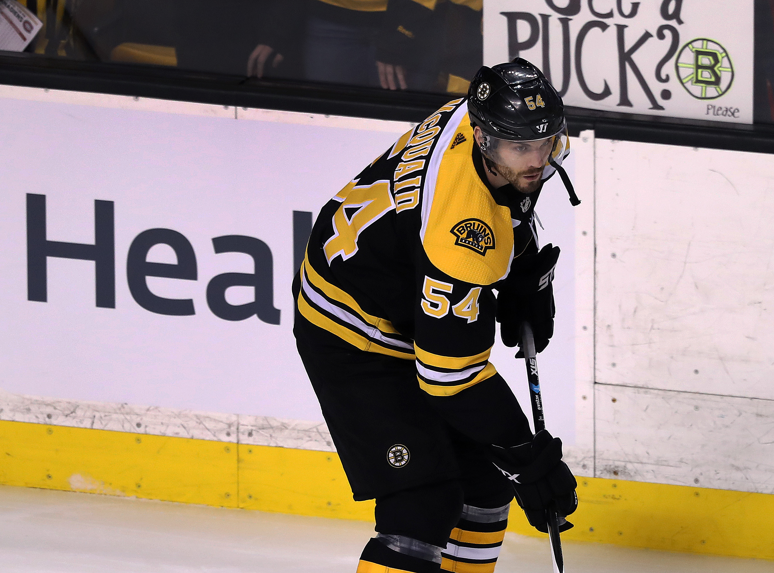 Bruins defenseman Adam McQuaid returned to the ice for his first game since he broke his fibula on October 19th.