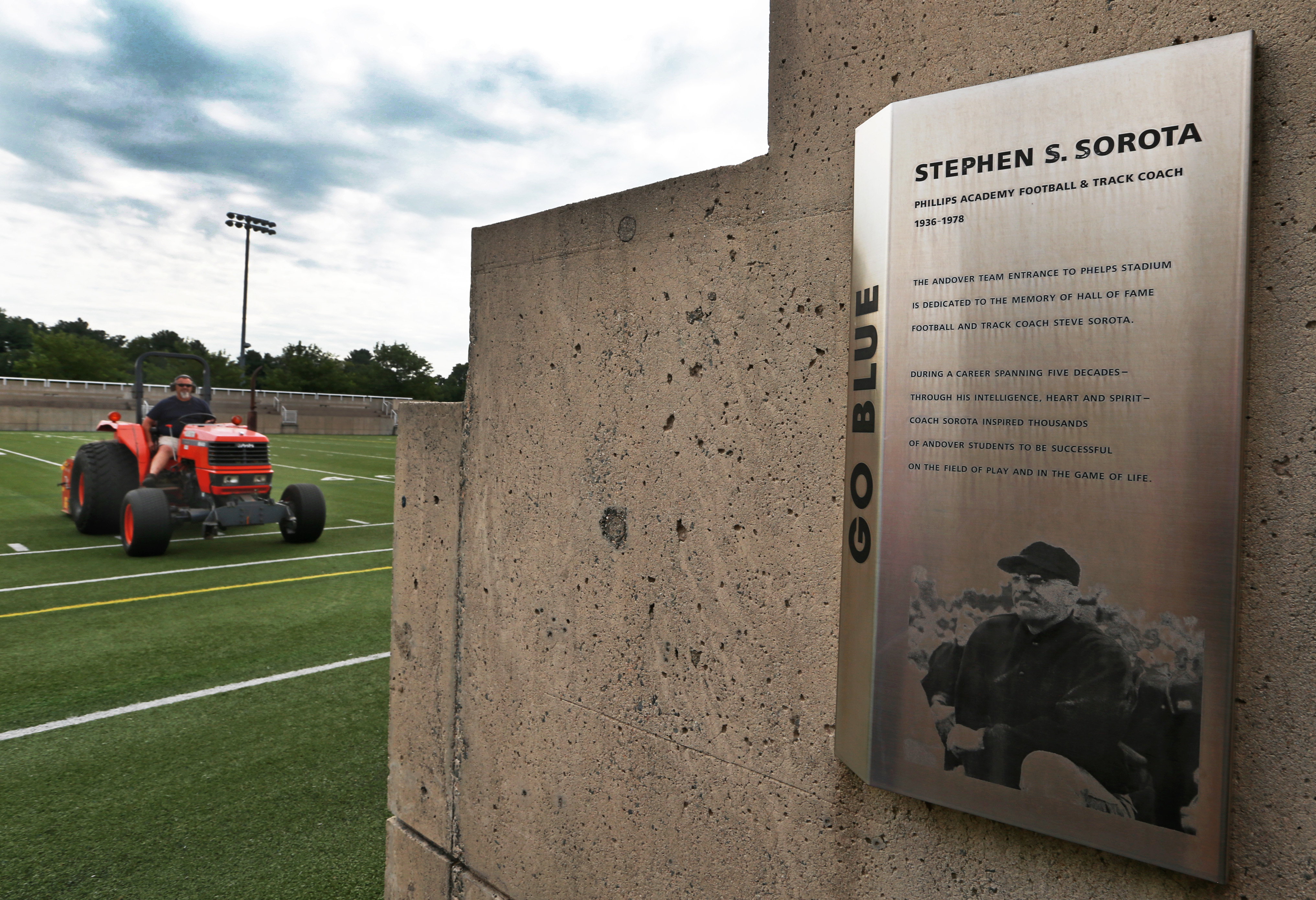 A plaque at the Phillips Academy football field honors Steve Sorota.