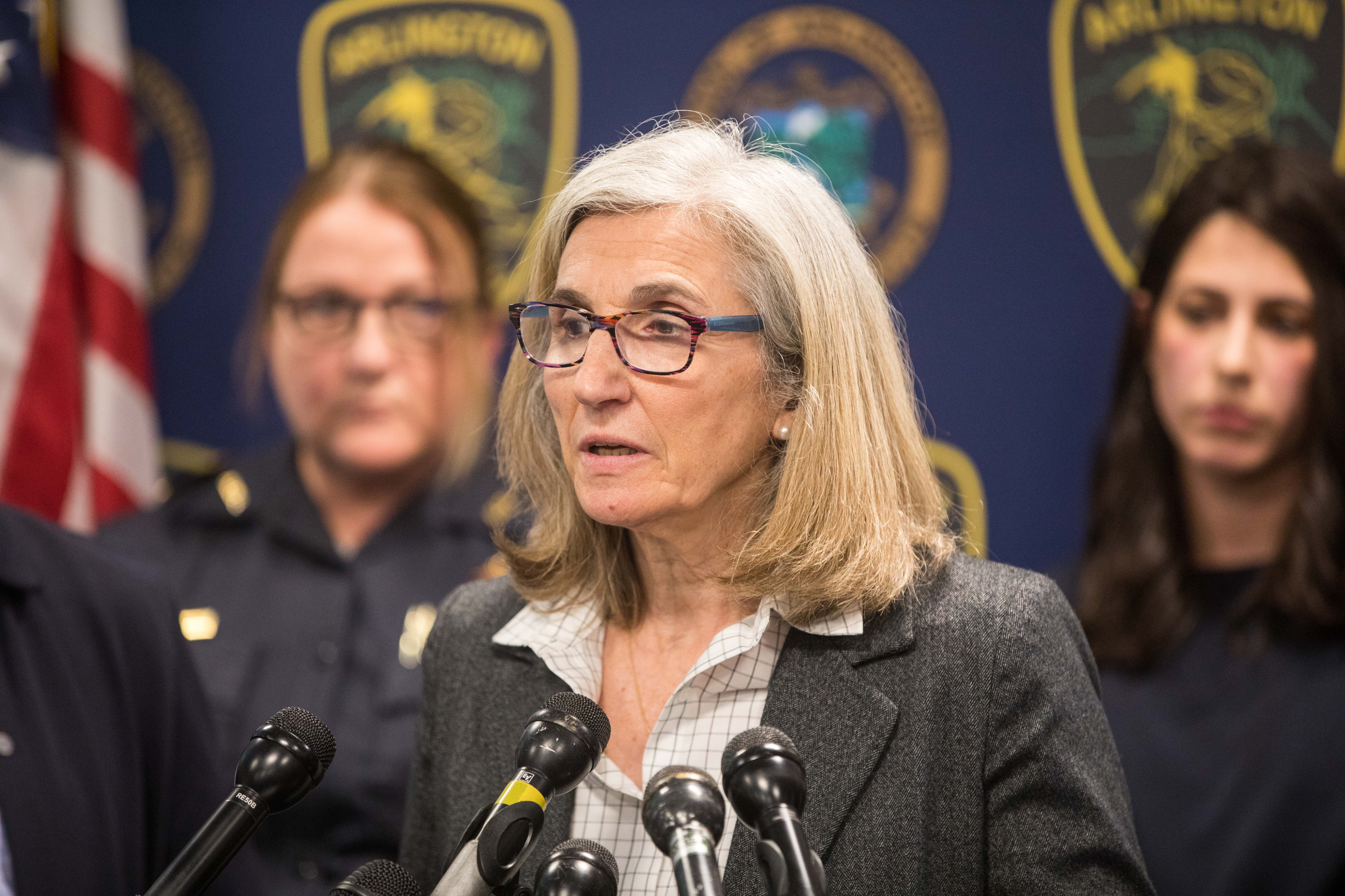 Senator Cindy Friedman spoke at a press conference at Arlington Police Headquarters on May 17.
