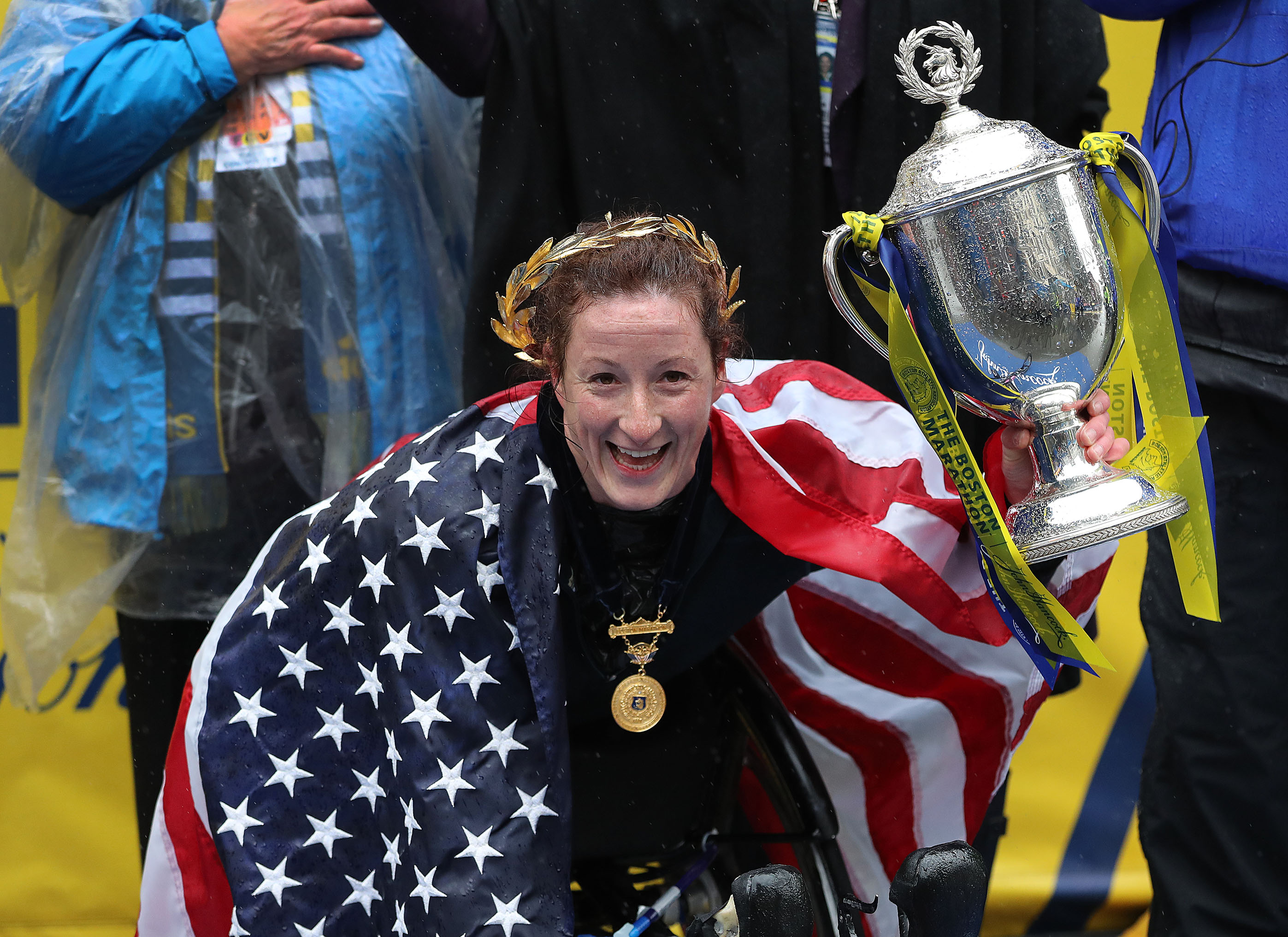 Women’s wheelchair winner Tatyana McFadden during the ceremony at the finish line.
