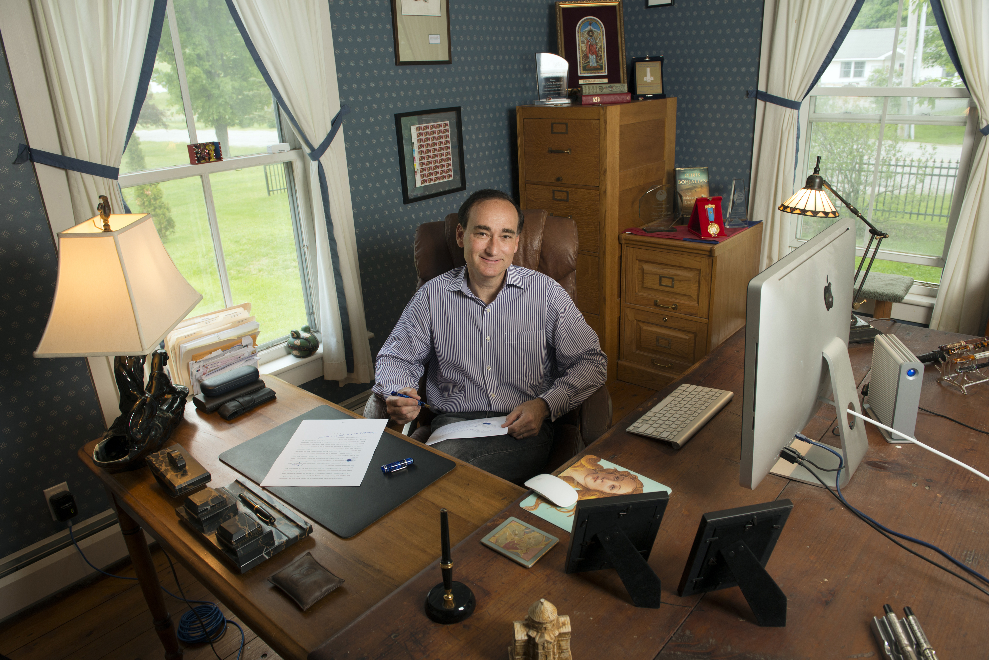 Writer Chris Bohjalian at his home office in Lincoln, Vt.
