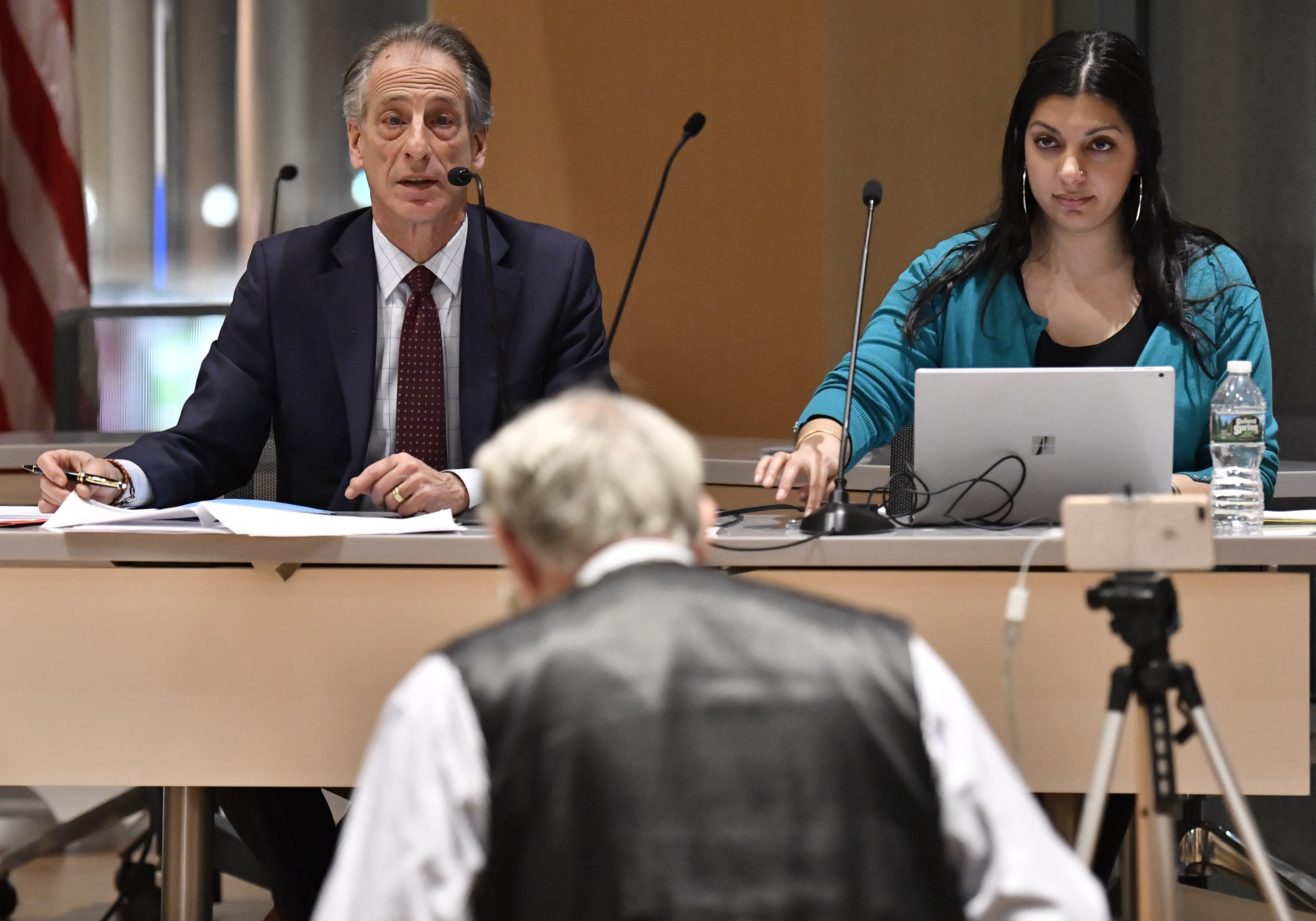 Cannabis Control Commission Chairman Steven Hoffman and Commissioner Shaleen Title at a public meeting on draft regulations for the pot industry.