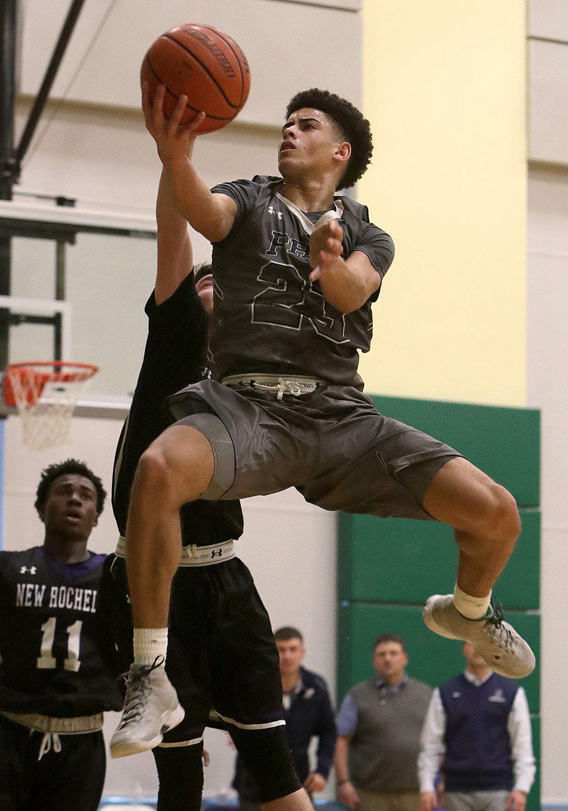 St. John’s Prep junior Nate Hobbs soars to the basket against New Rochelle, N.Y. in the first round of the BABC Holiday Classic at Cathedral High on Tuesday afternoon.