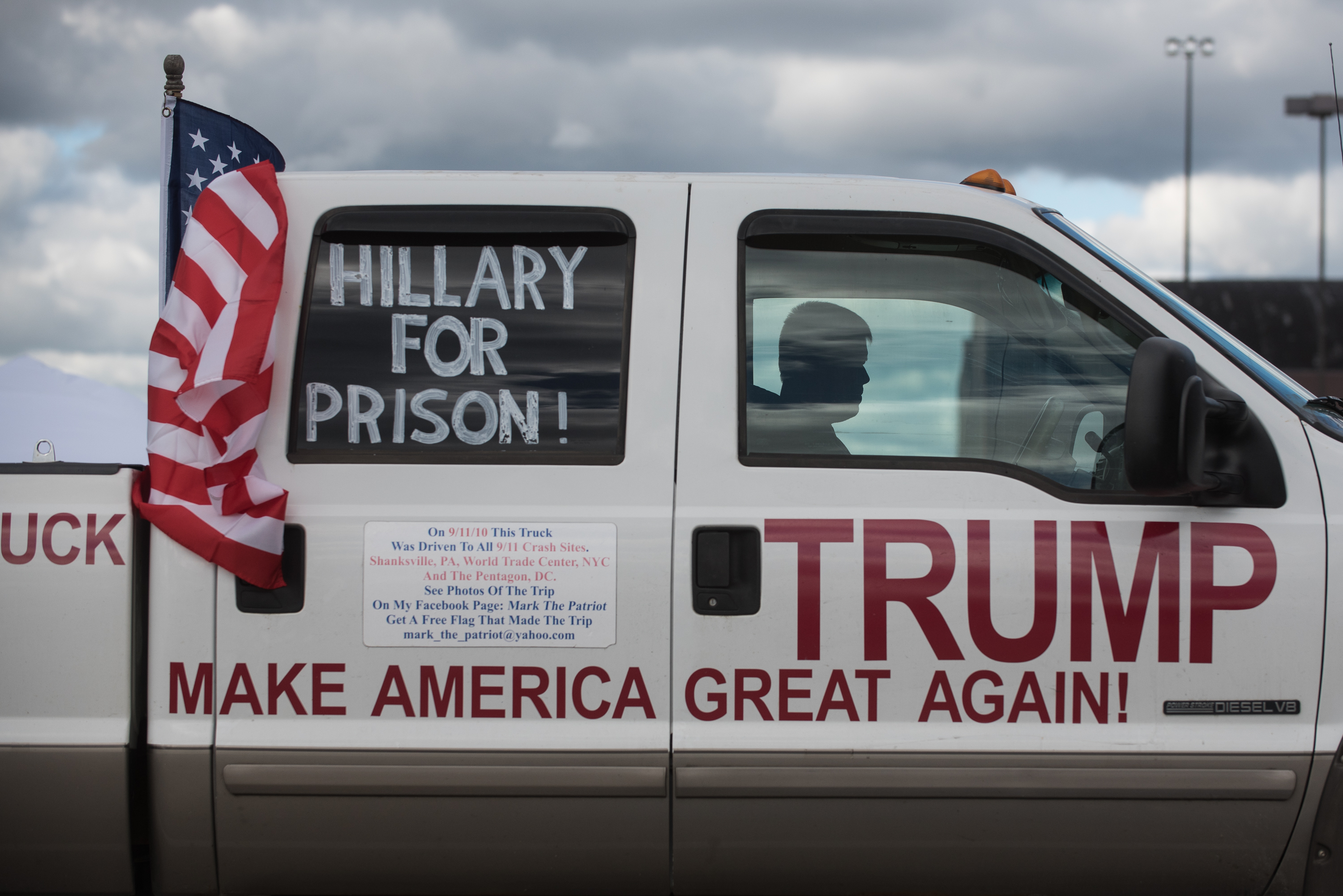 Mark Hoffman of Newark, Ohio, sat in his truck Saturday while awaiting a Trump appearance in Cleveland.
