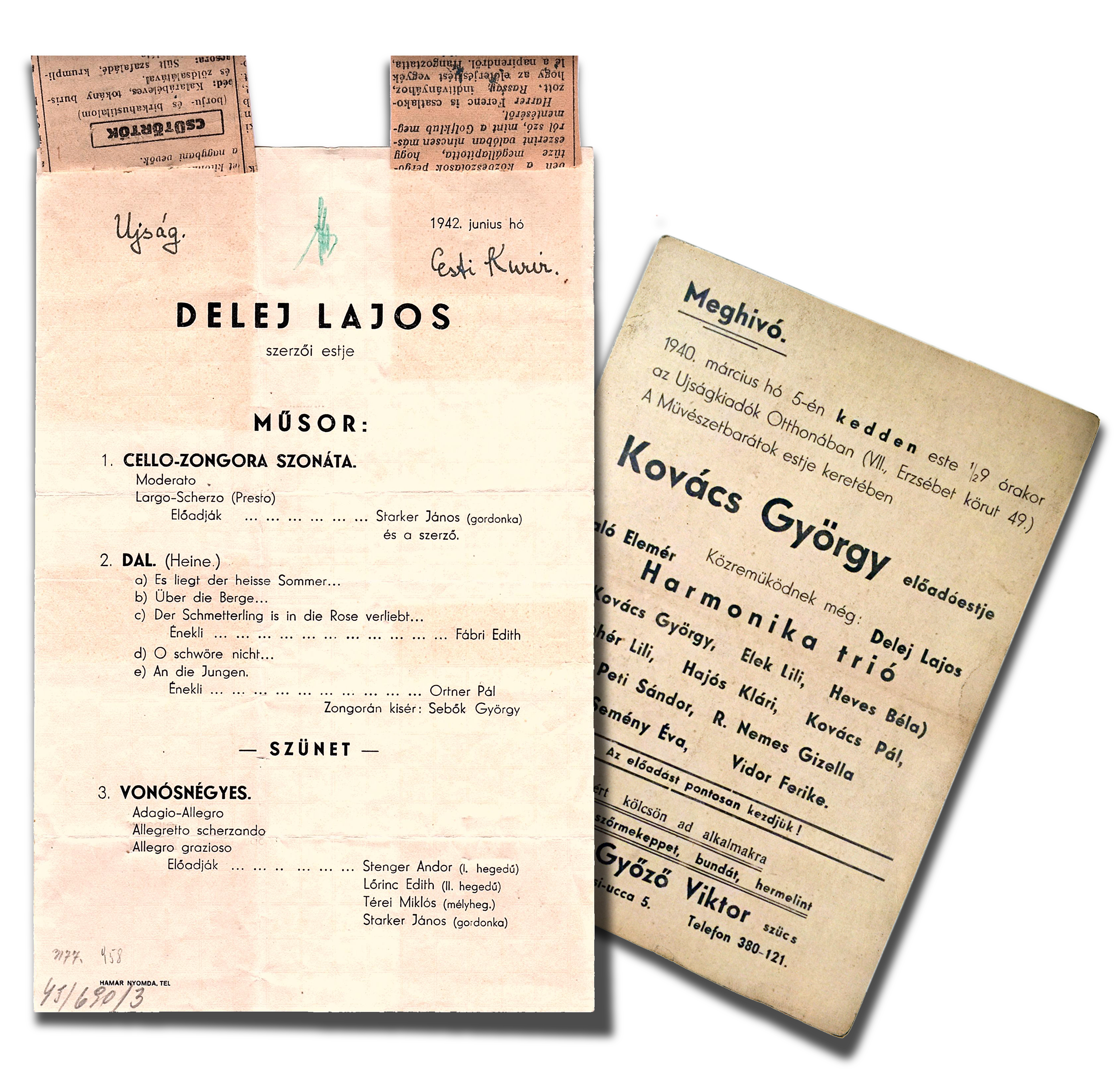 Concert programs from the early 1940s, when Delej performed with musicians who would later be counted among the luminaries of 20th-century music.