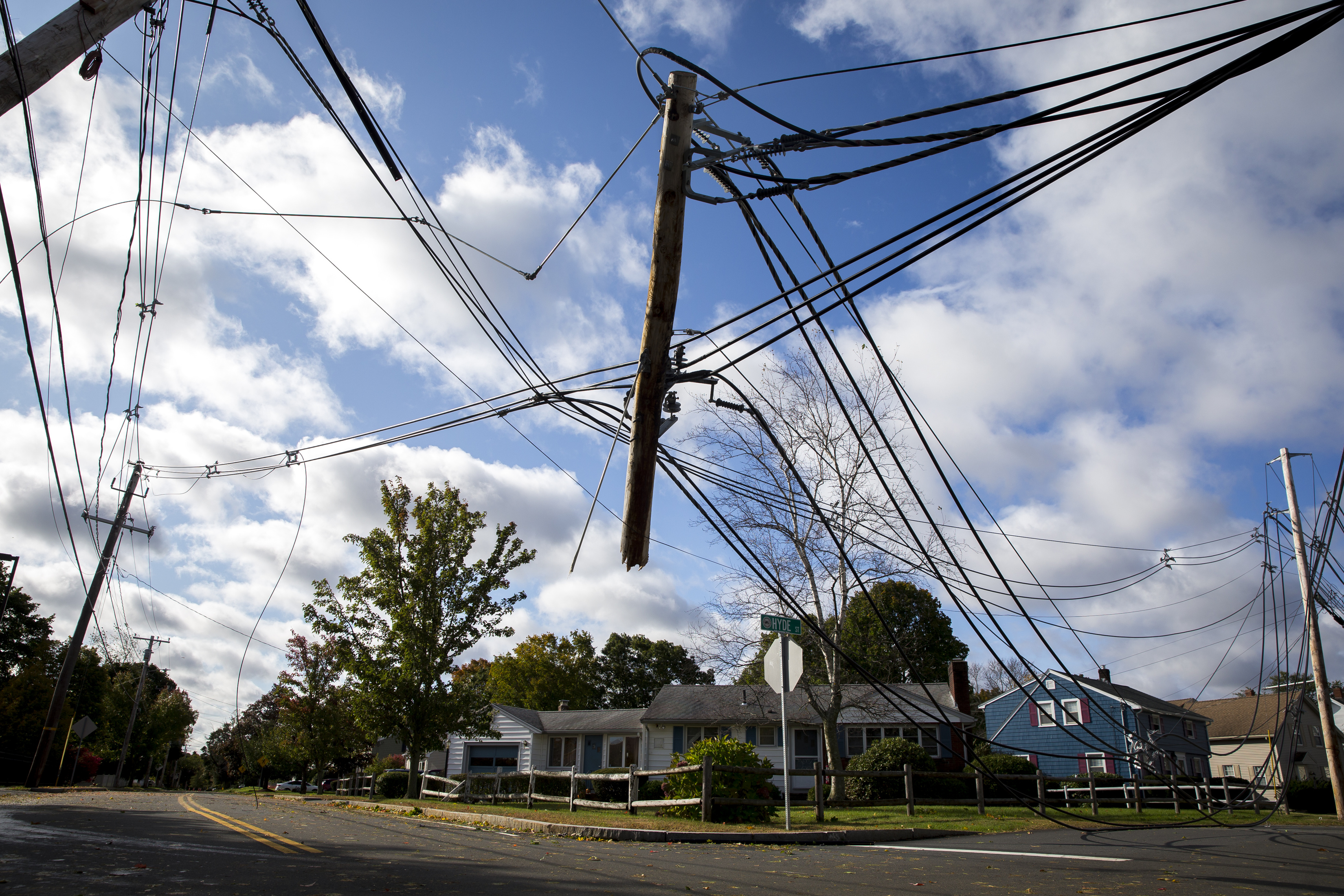 A downed power line was suspended in the air near the intersection of Hyde and Pine streets in Danvers.