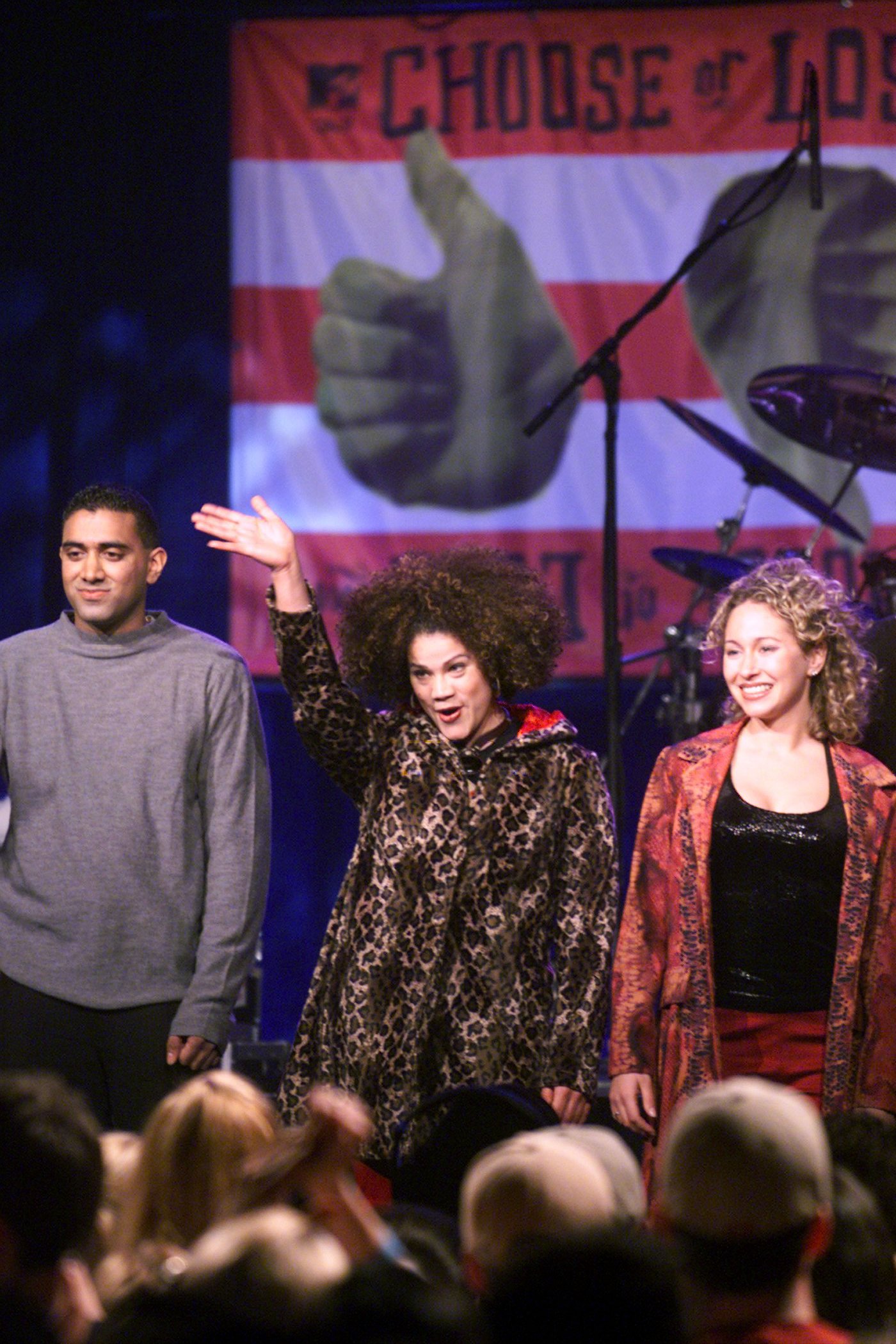 Julia Mejia, center, then 29, was one of six reporters for MTV's ``Choose or Loose” campaign in 2000 aimed at engaging young people in politics.