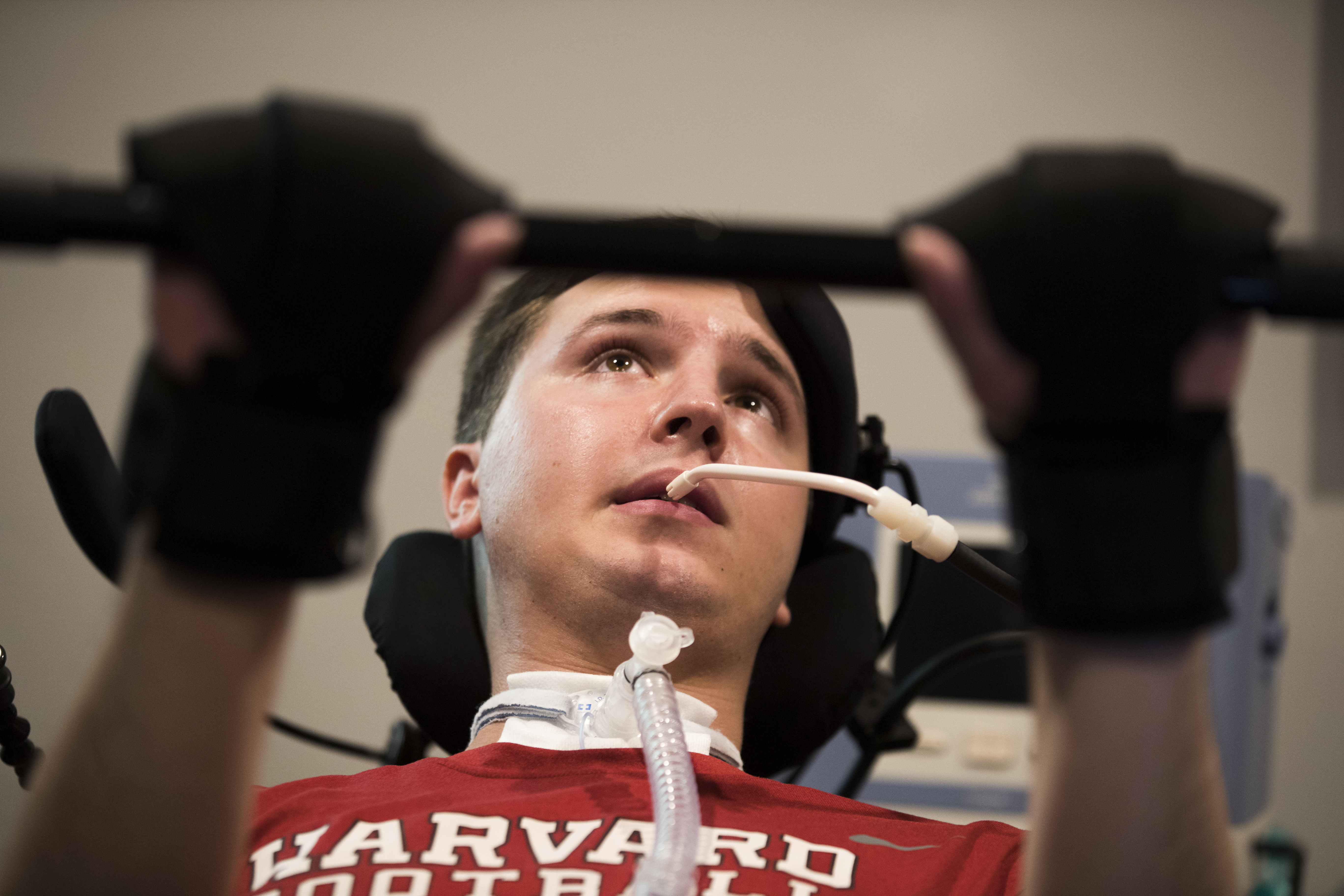 Ben completes an exhausting workout that includes bicep curls, tricep curls, and military presses